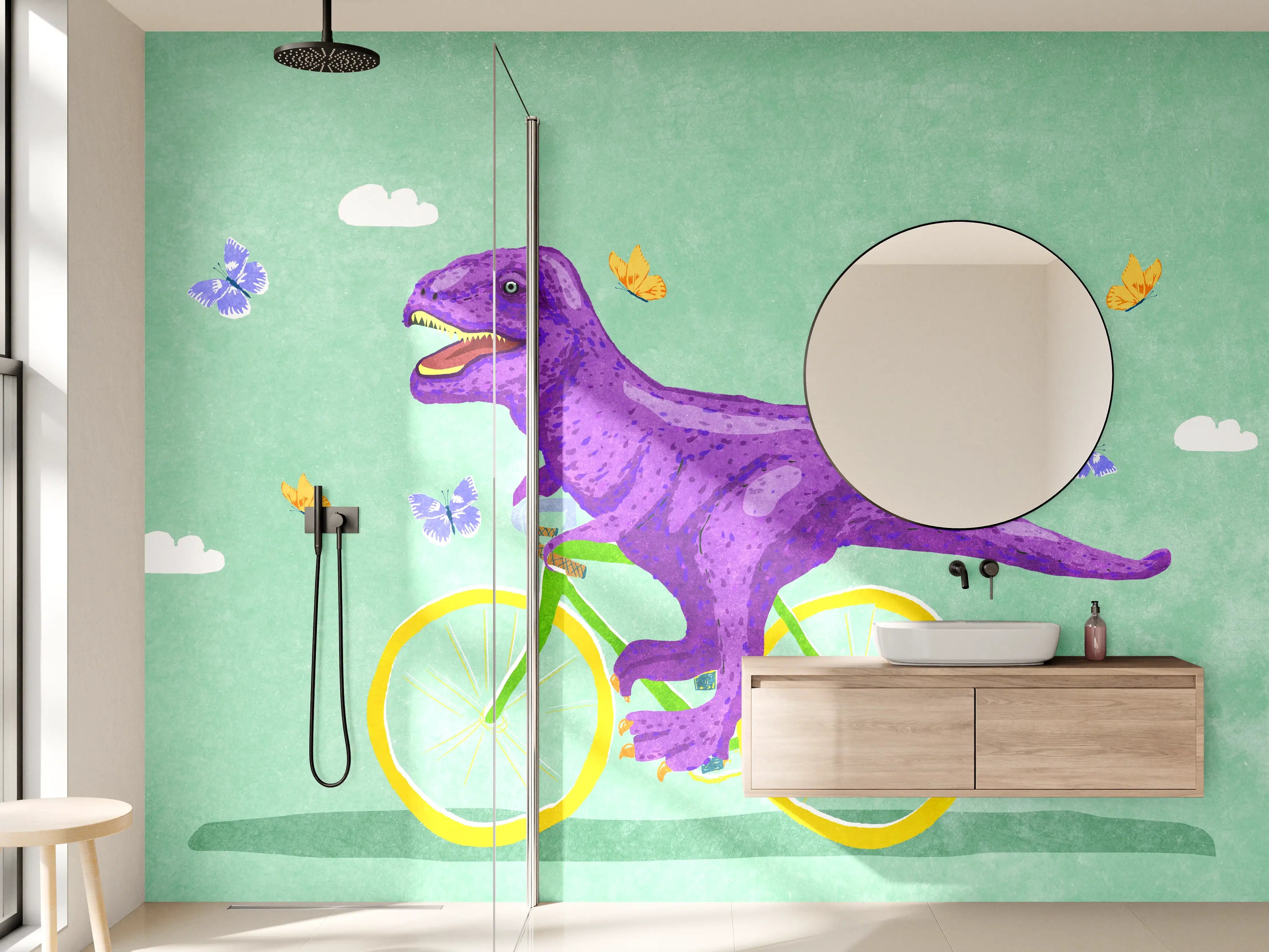 Wandverkleidung Bad - Bunter Dino auf Fahrrad