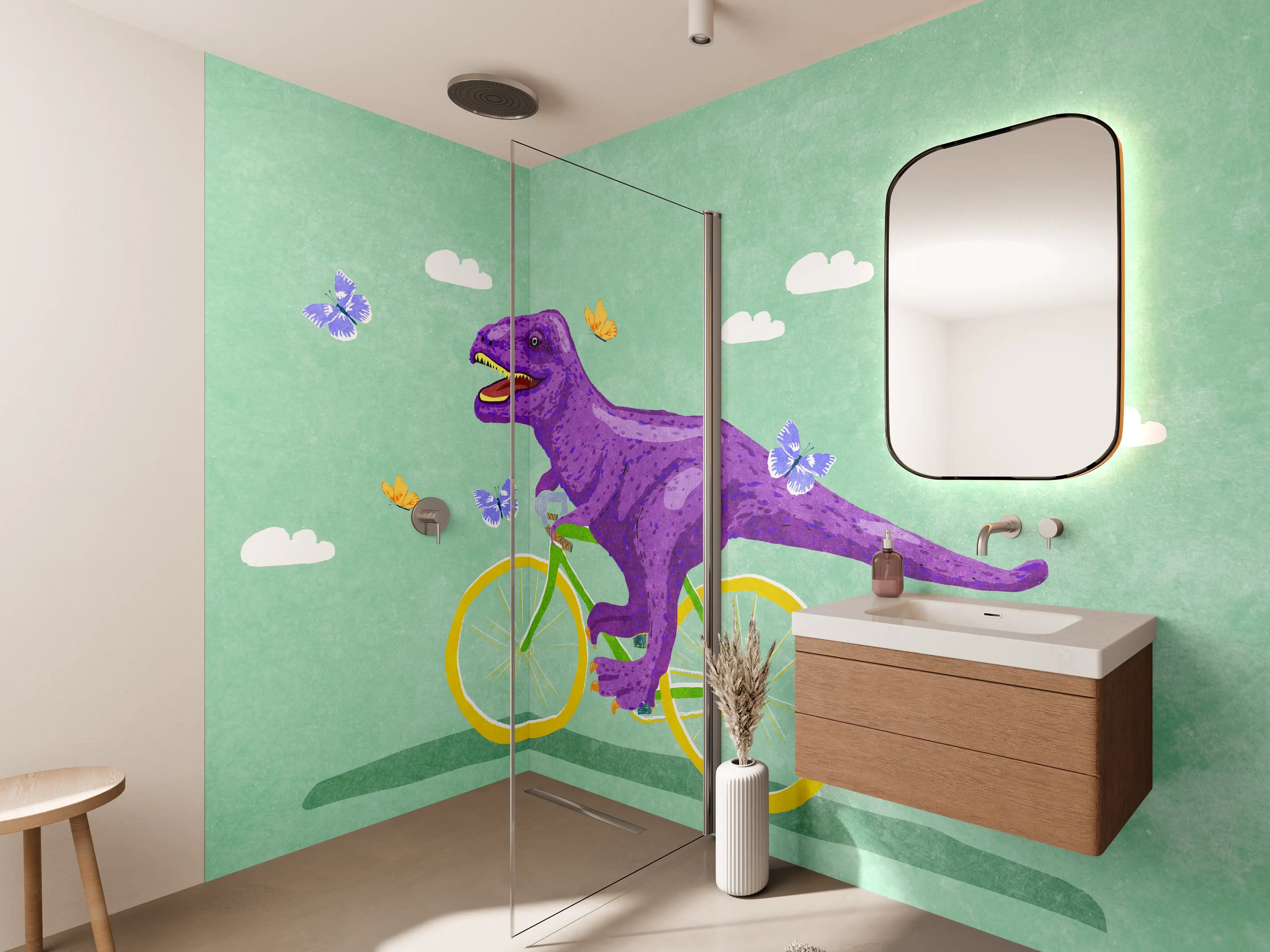 Wandverkleidung Bad - Bunter Dino auf Fahrrad