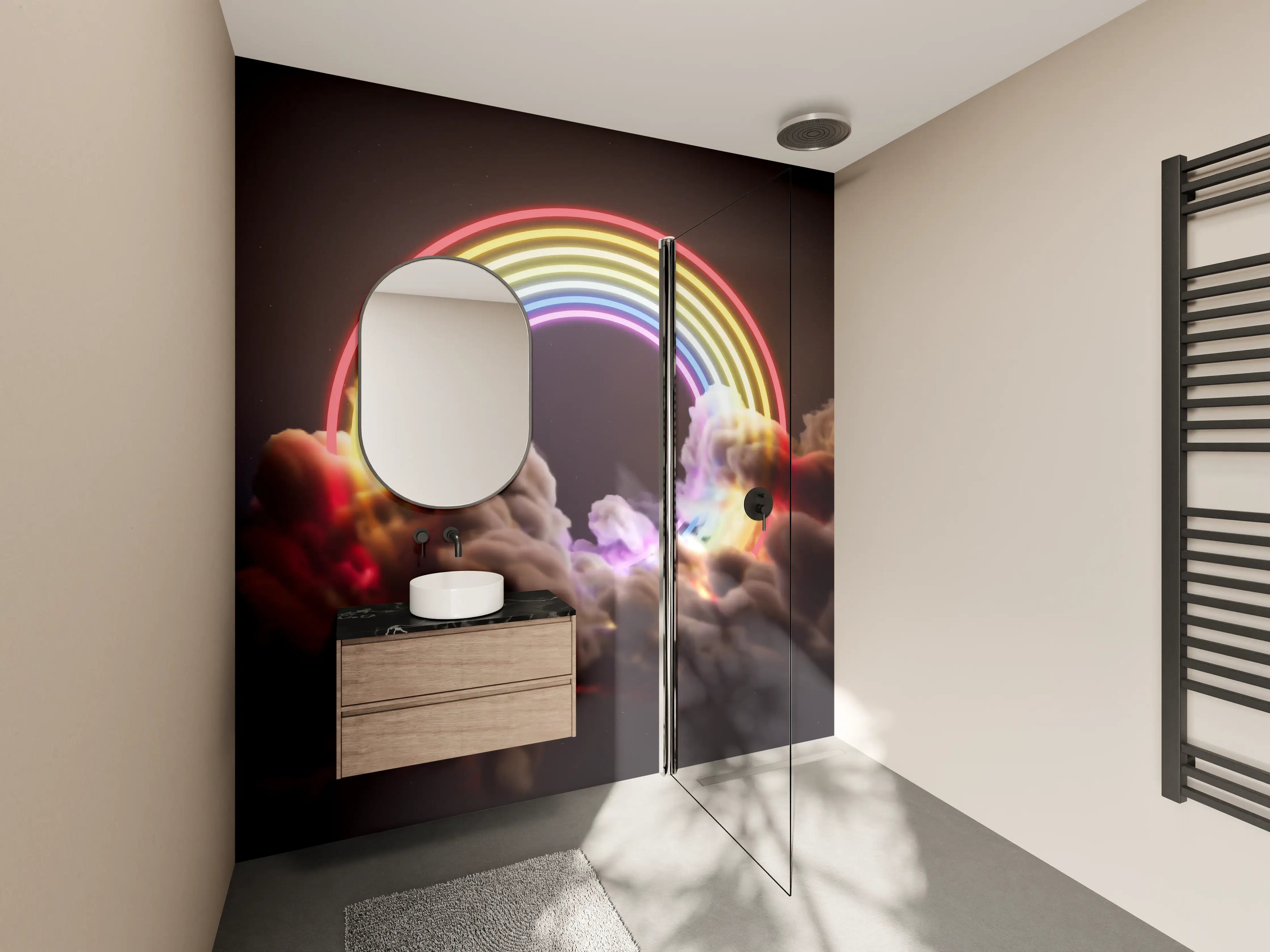 Wandverkleidung Bad - Bunter Neon-Regenbogen auf Wolken
