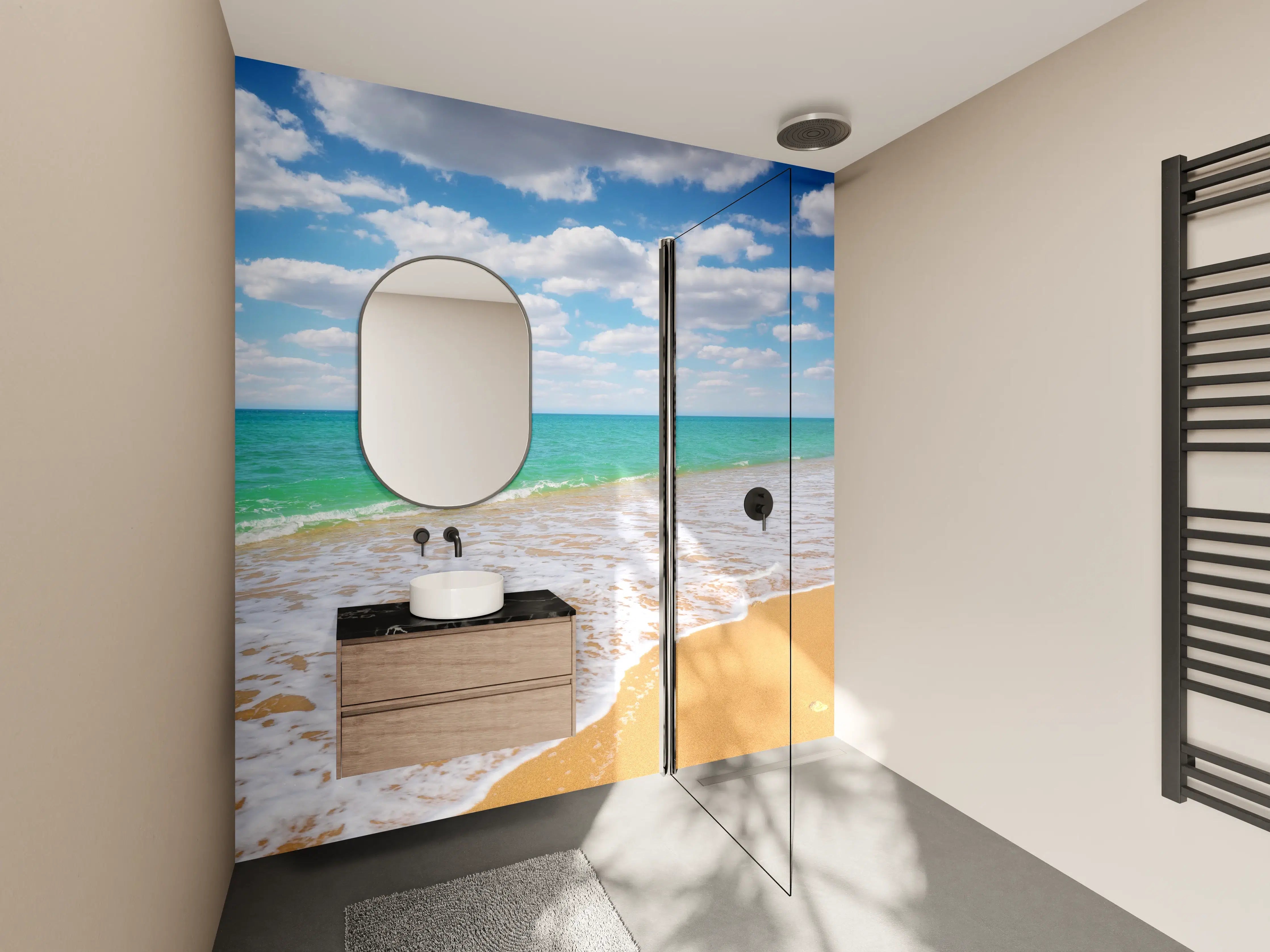 Wandverkleidung Bad - Bunter Strand mit blauen Himmel