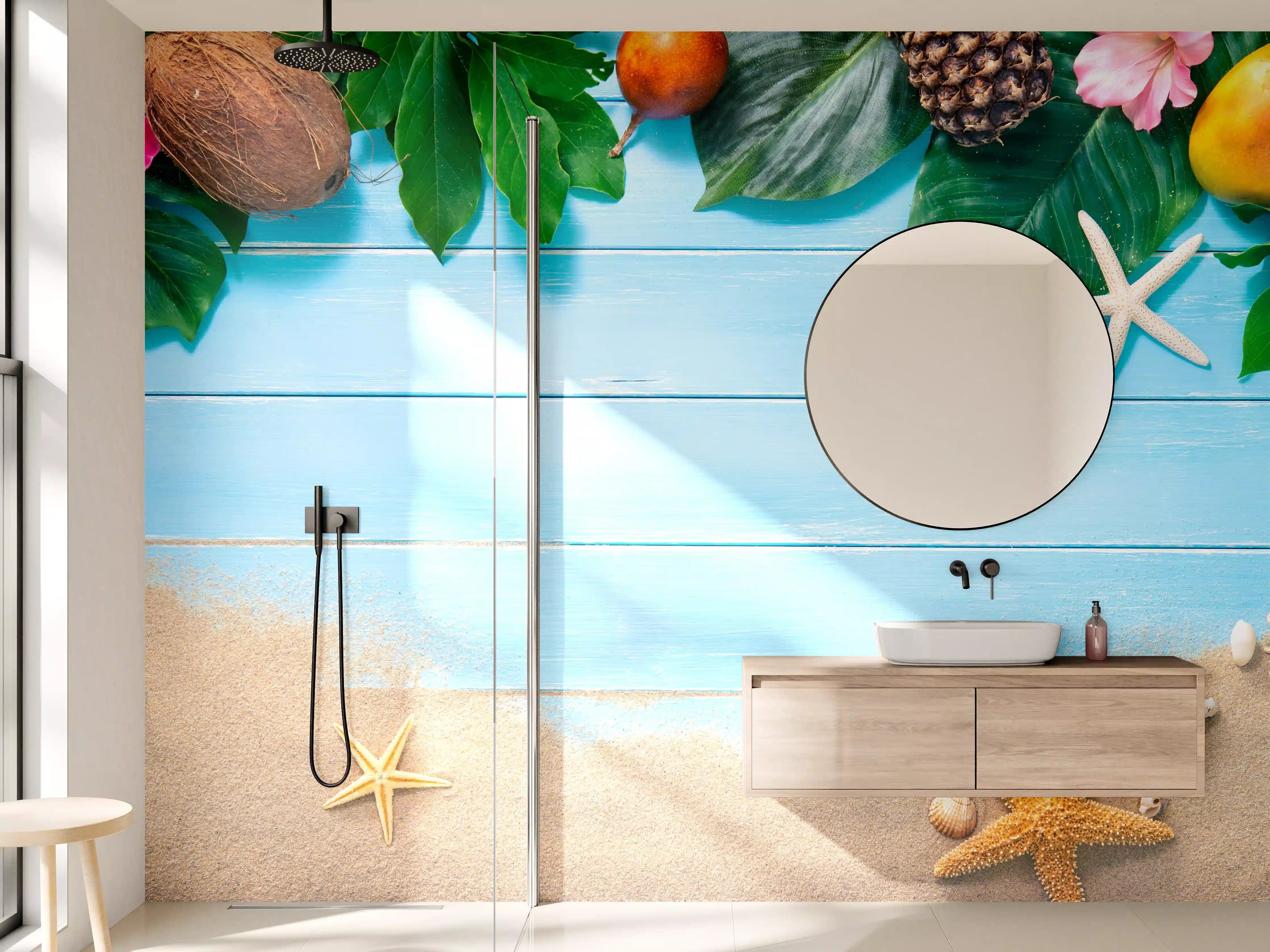 Wandverkleidung Bad - Bunter Strand with exotischen Pflanzen