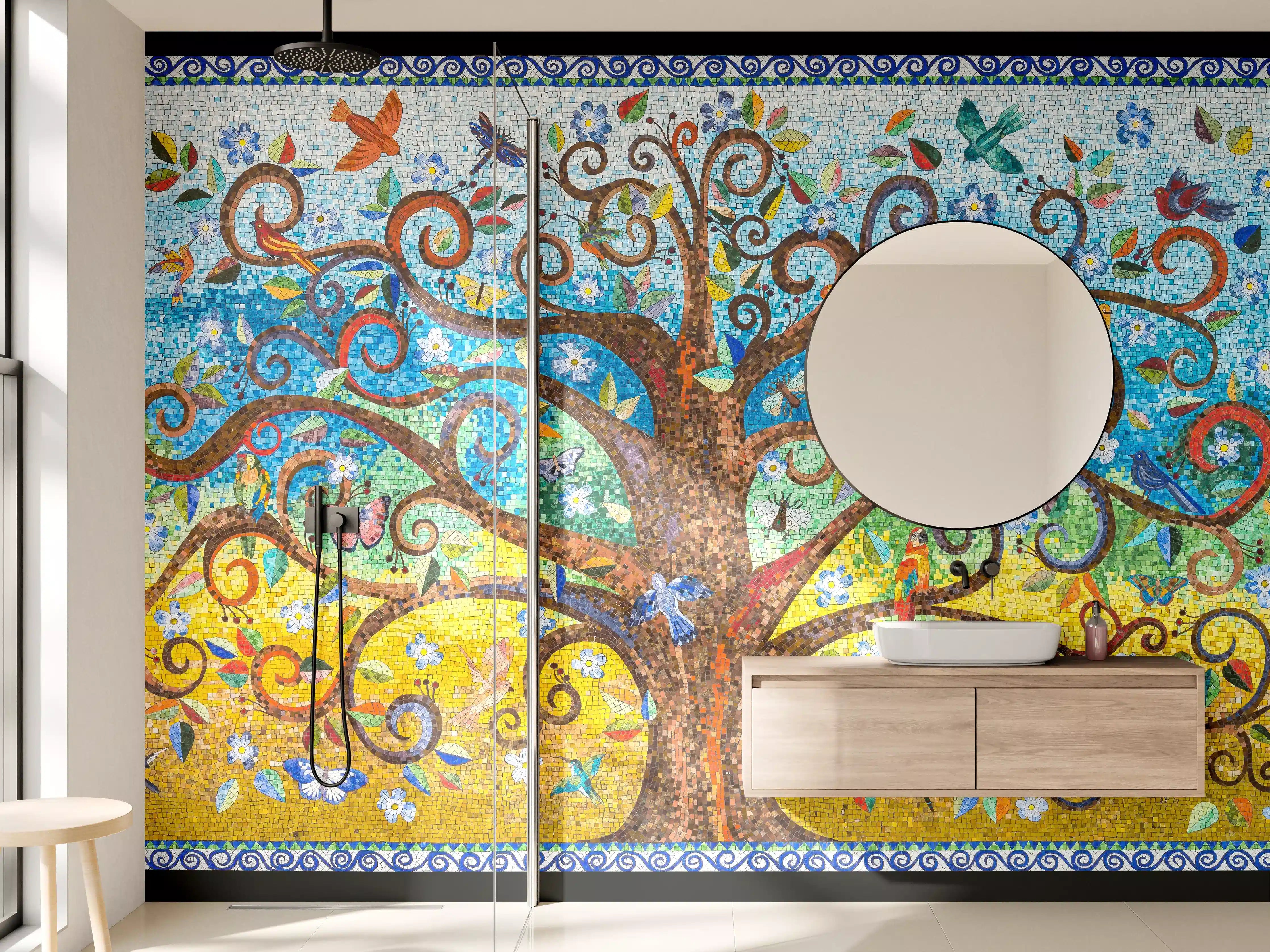 Wandverkleidung Bad - Buntes Baum Mosaik Kunstwerk