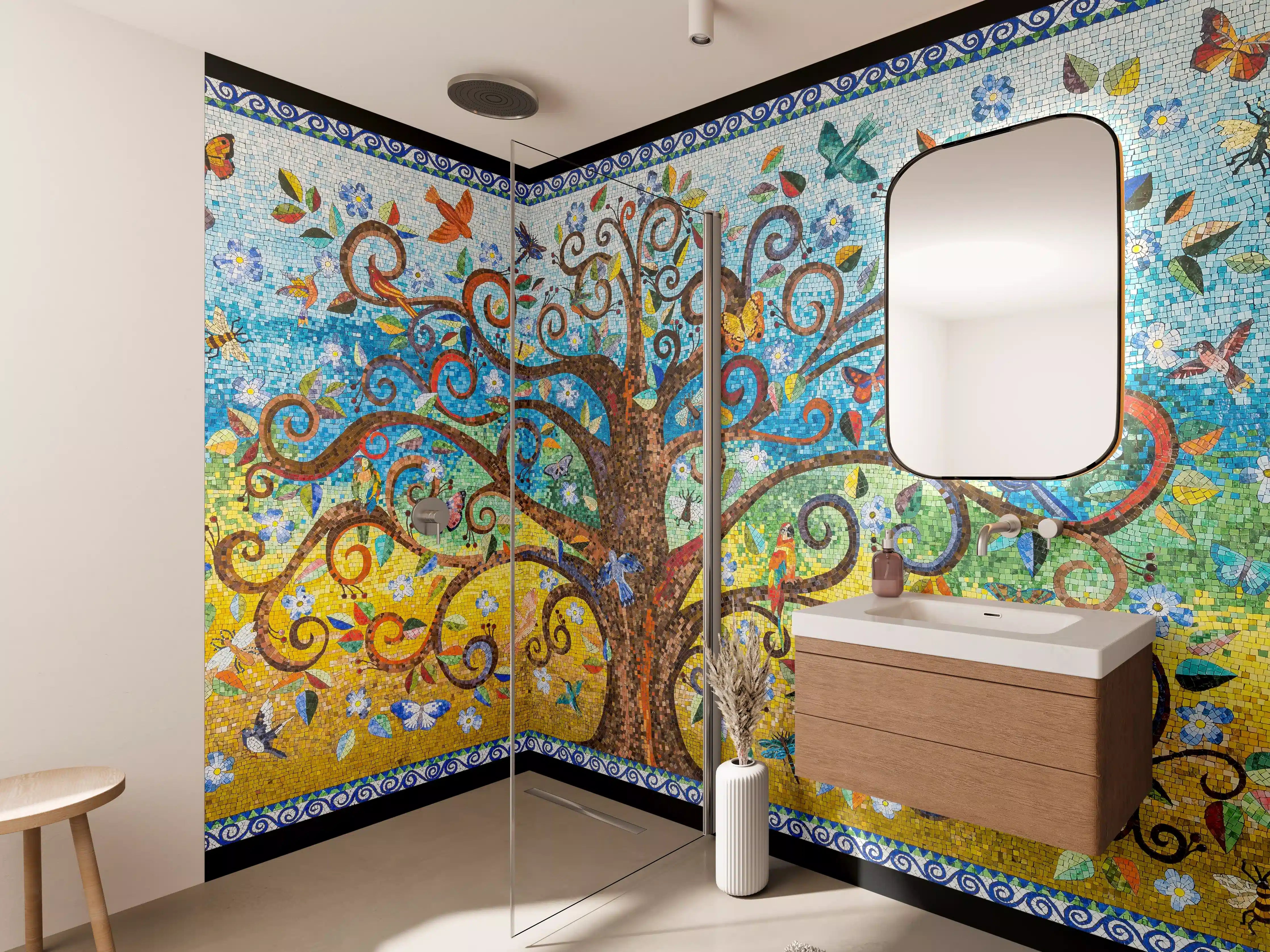 Wandverkleidung Bad - Buntes Baum Mosaik Kunstwerk