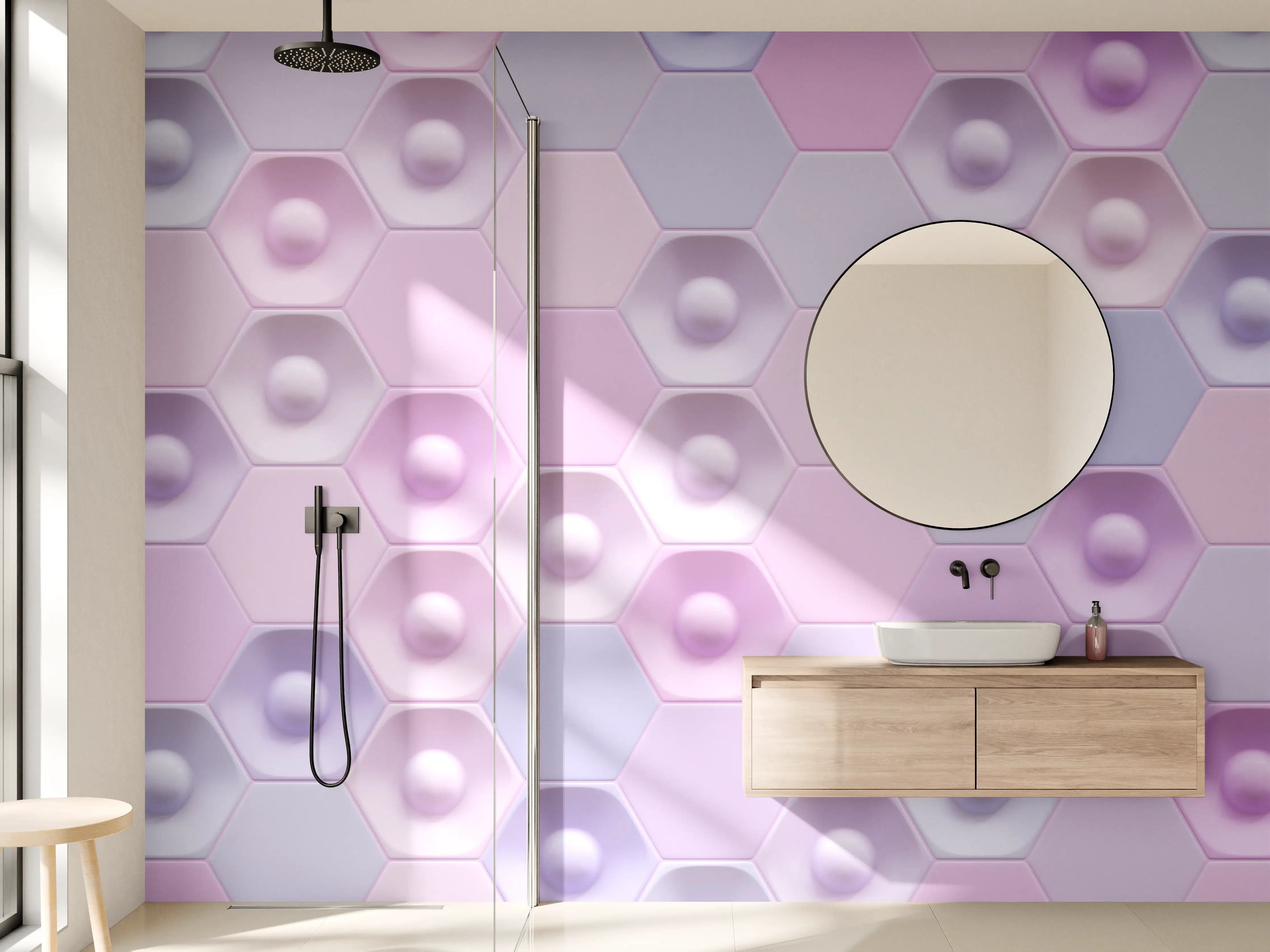 Wandverkleidung Bad - Buntes Hexagon-Muster 3D