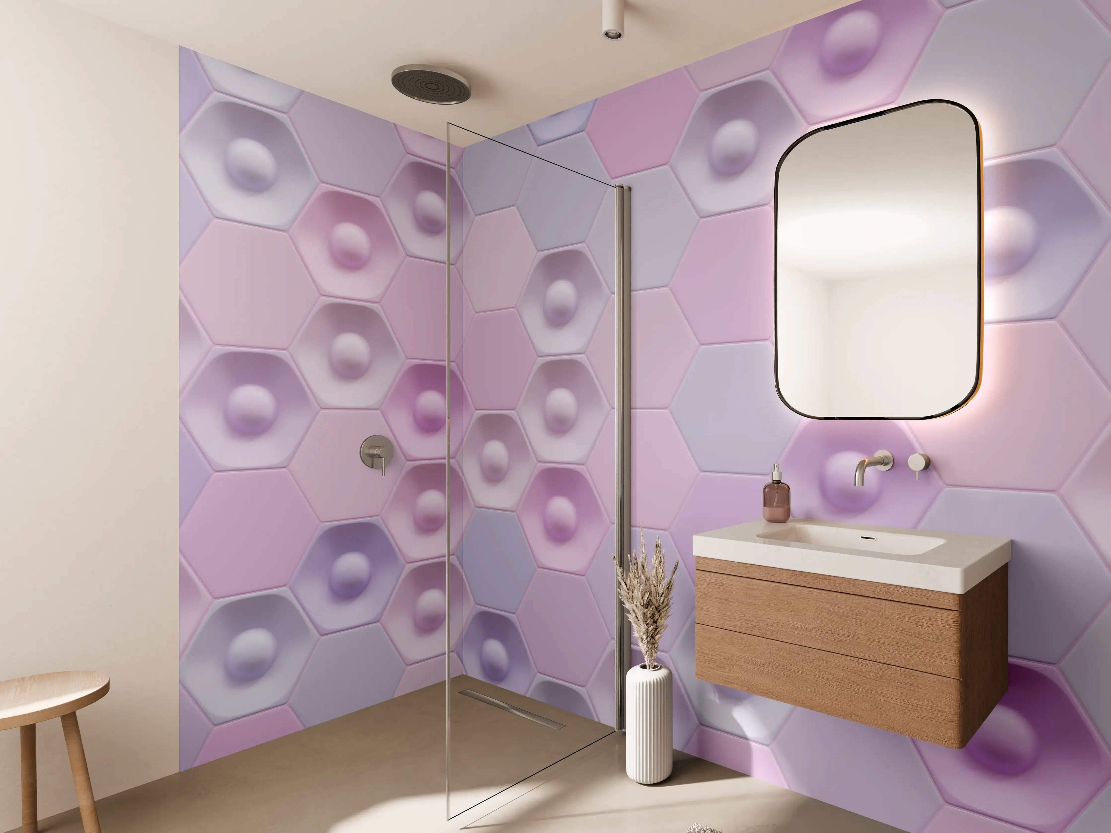 Wandverkleidung Bad - Buntes Hexagon-Muster 3D