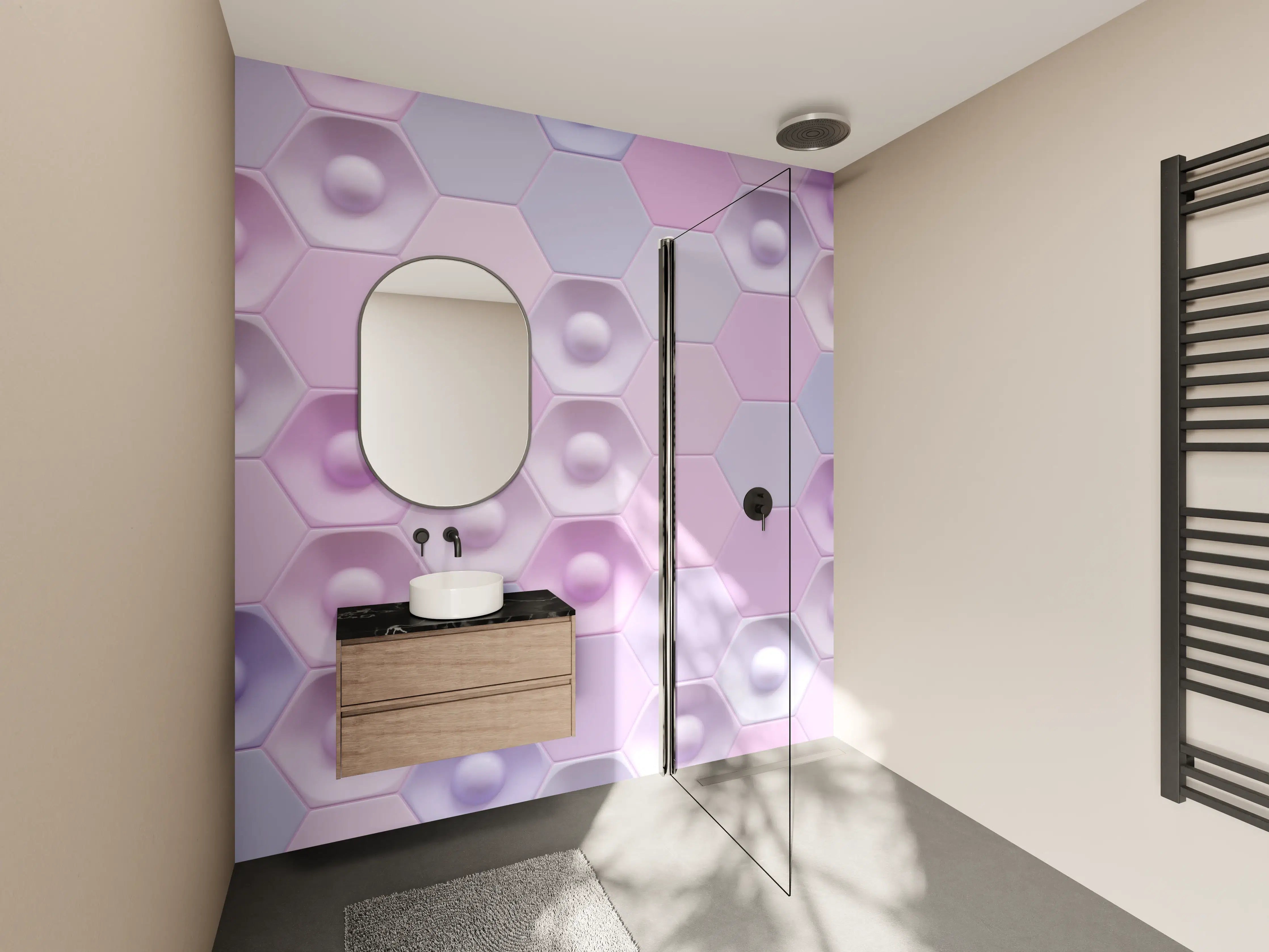 Wandverkleidung Bad - Buntes Hexagon-Muster 3D