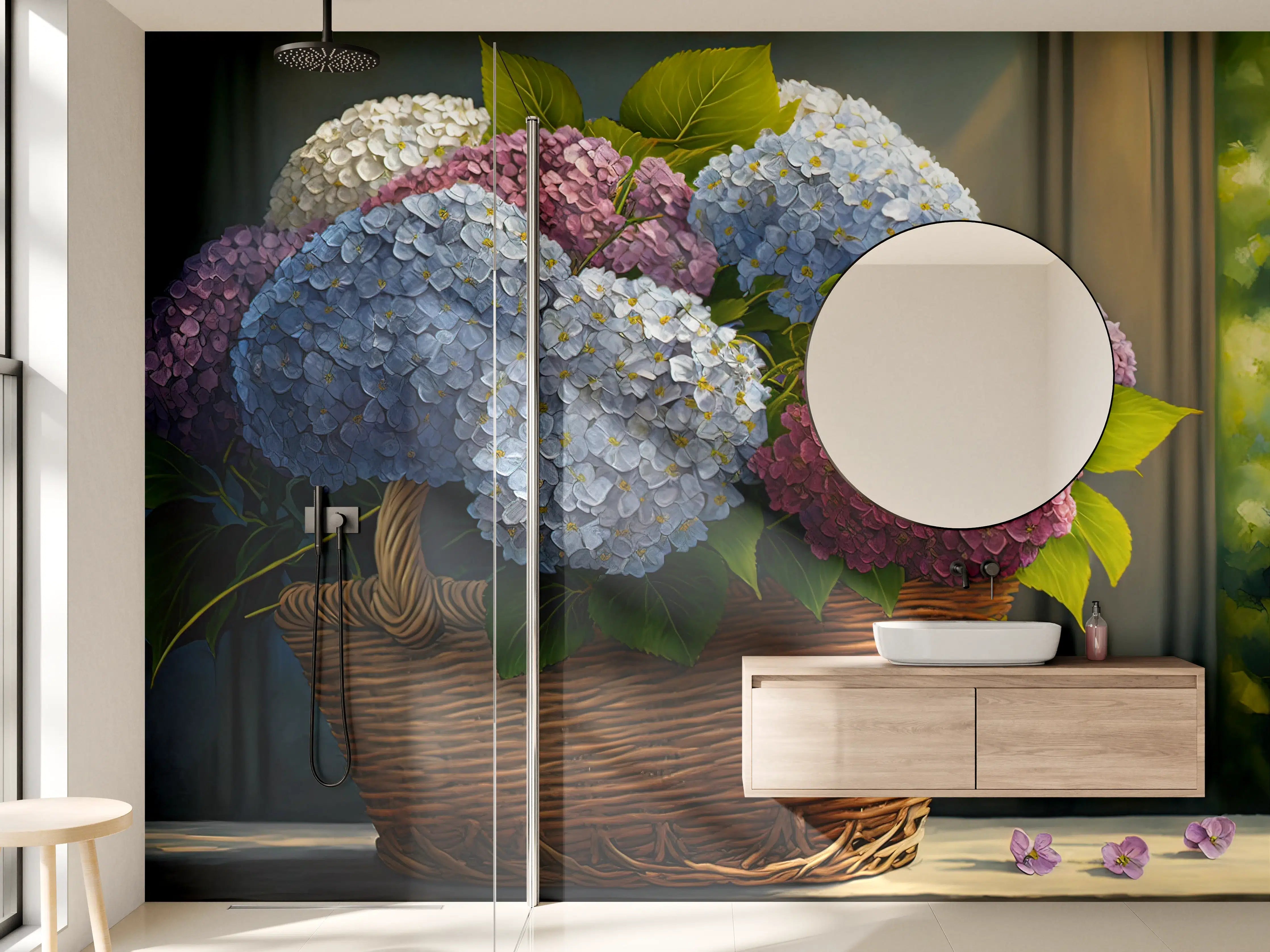 Wandverkleidung Bad - Buntes Hortensien Blumenarrangement