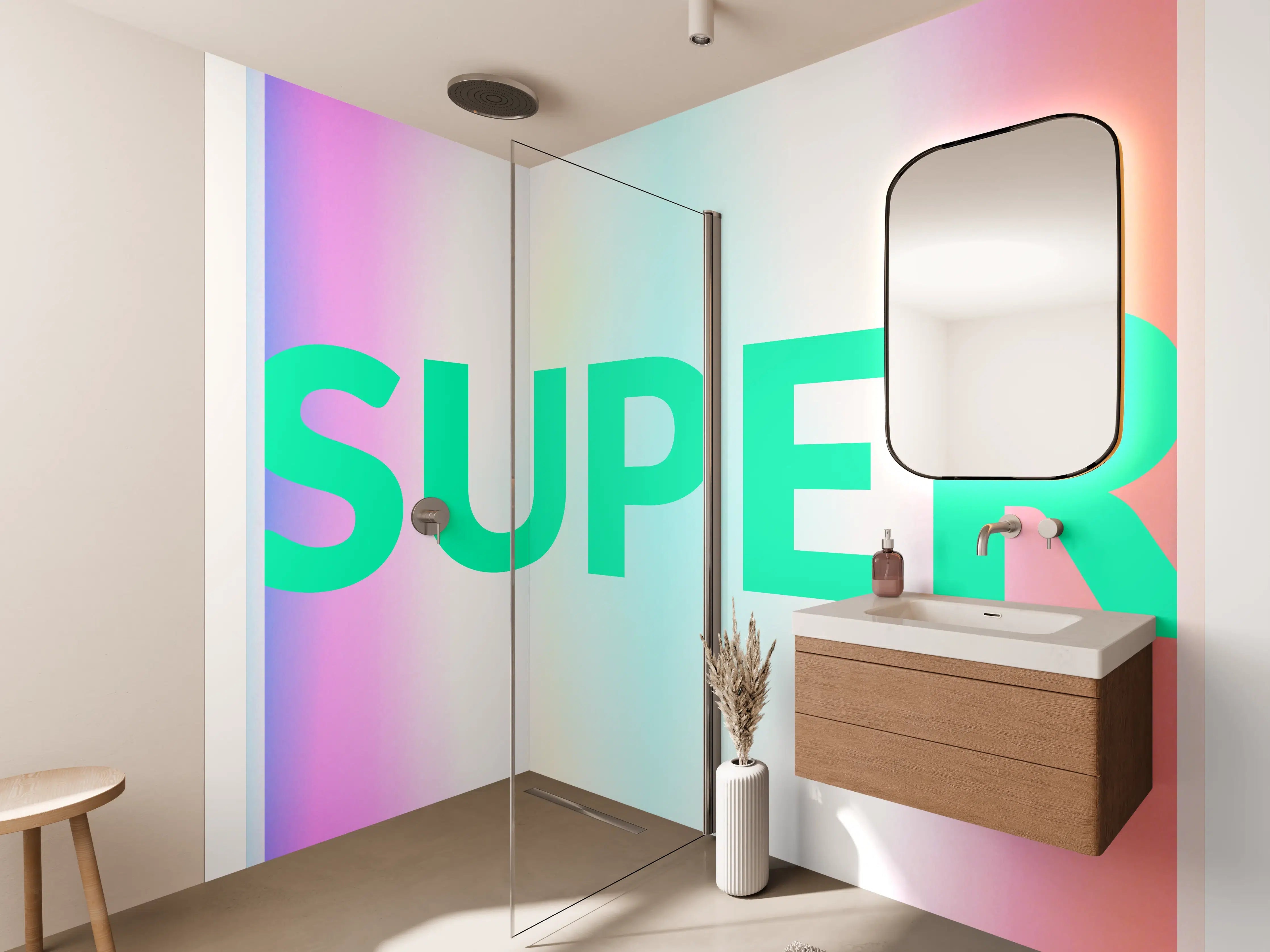 Wandverkleidung Bad - Buntes Leuchten 'SUPER' Grafikdesign