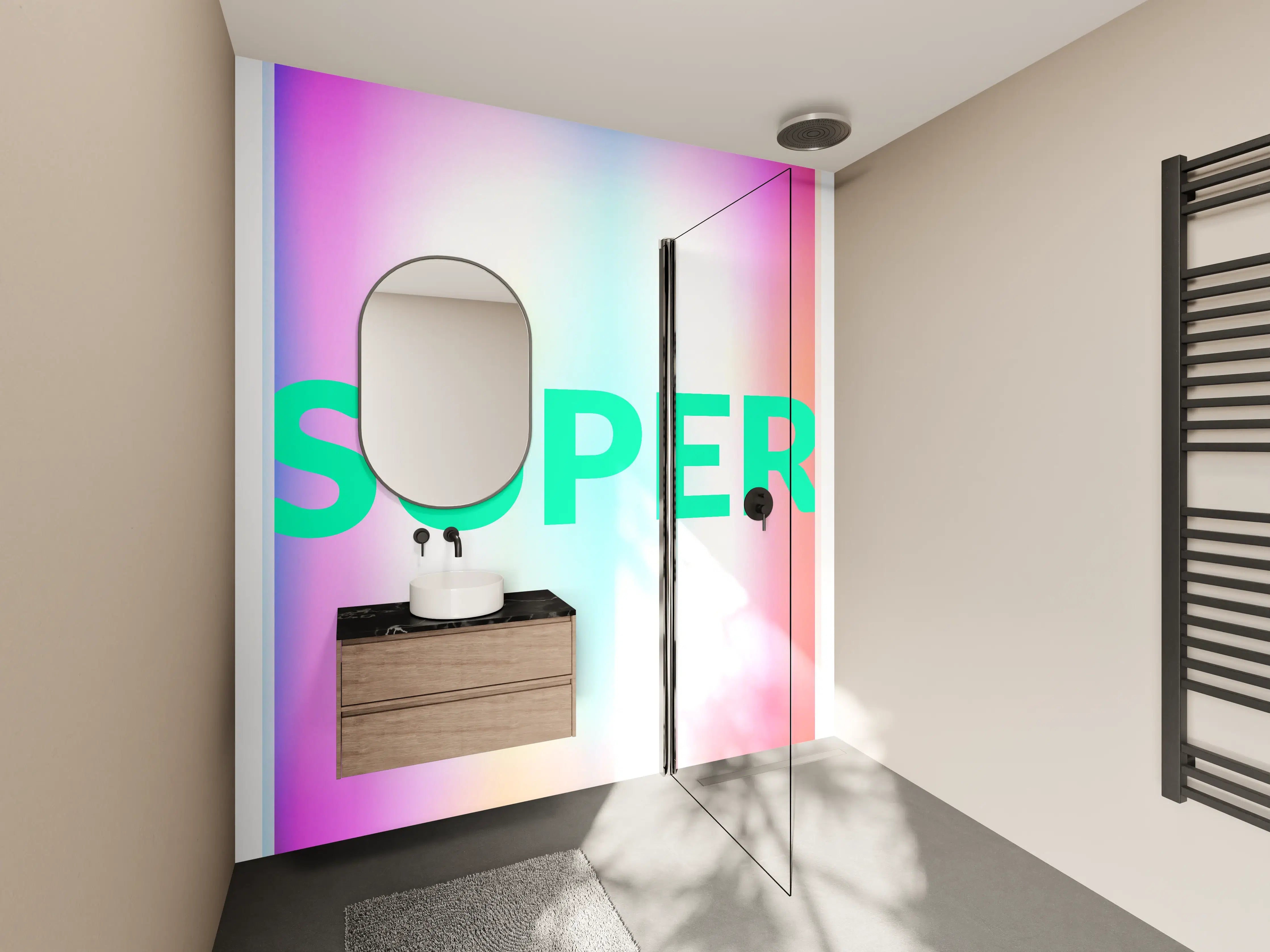 Wandverkleidung Bad - Buntes Leuchten 'SUPER' Grafikdesign