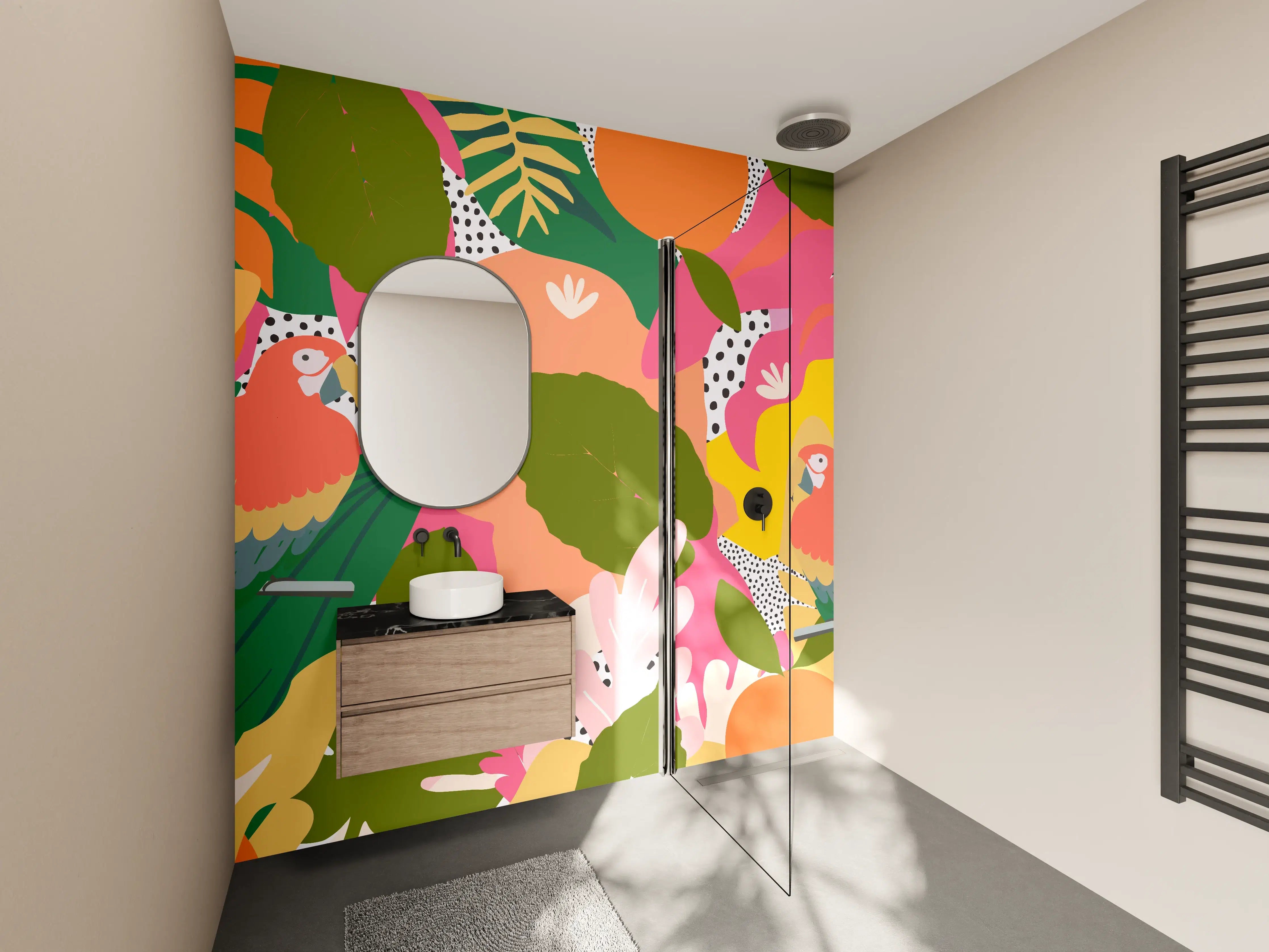 Wandverkleidung Bad - Buntes Papagei-Dschungelmuster