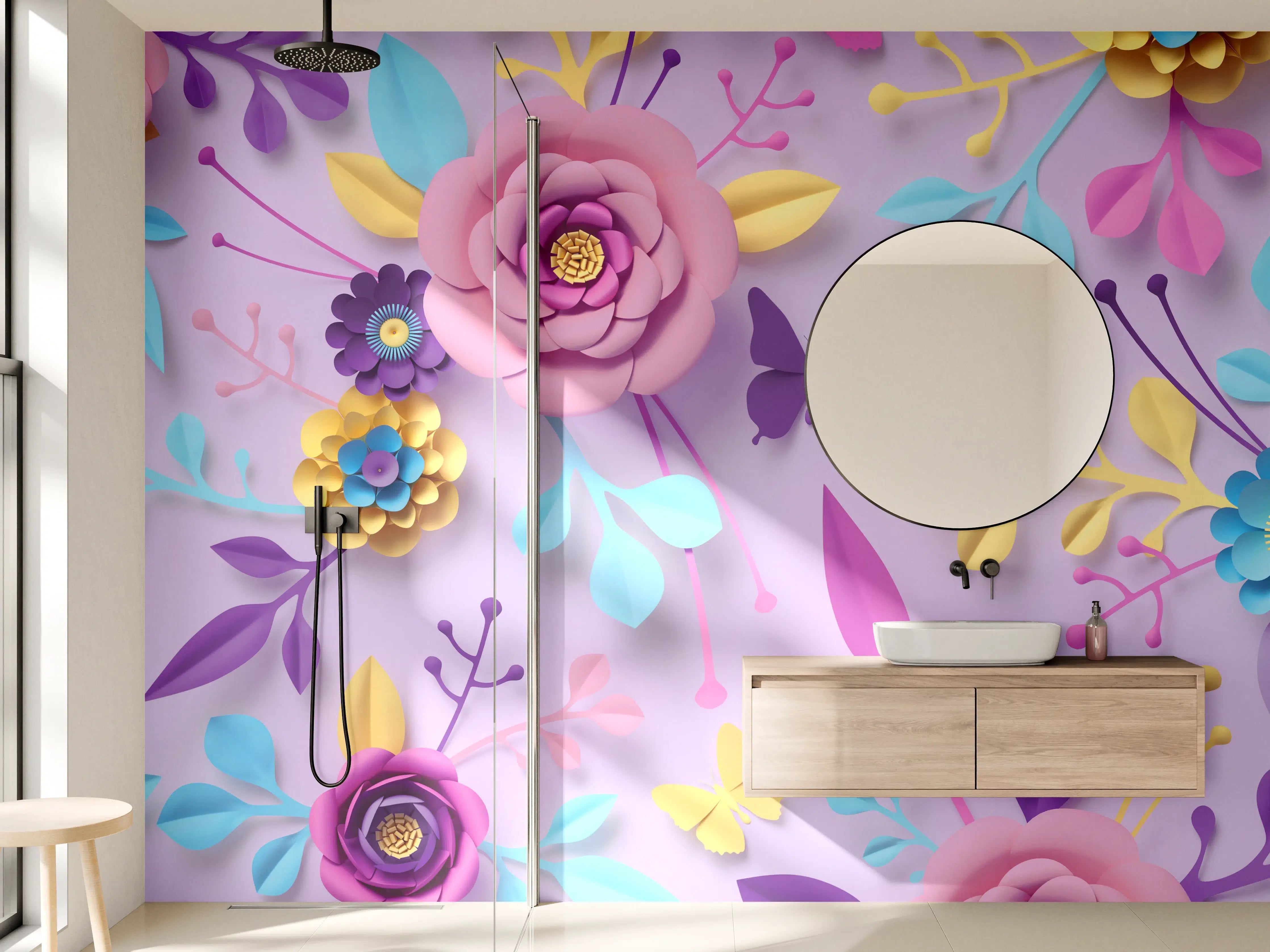 Wandverkleidung Bad - Buntes Papierblumen-Wandbild