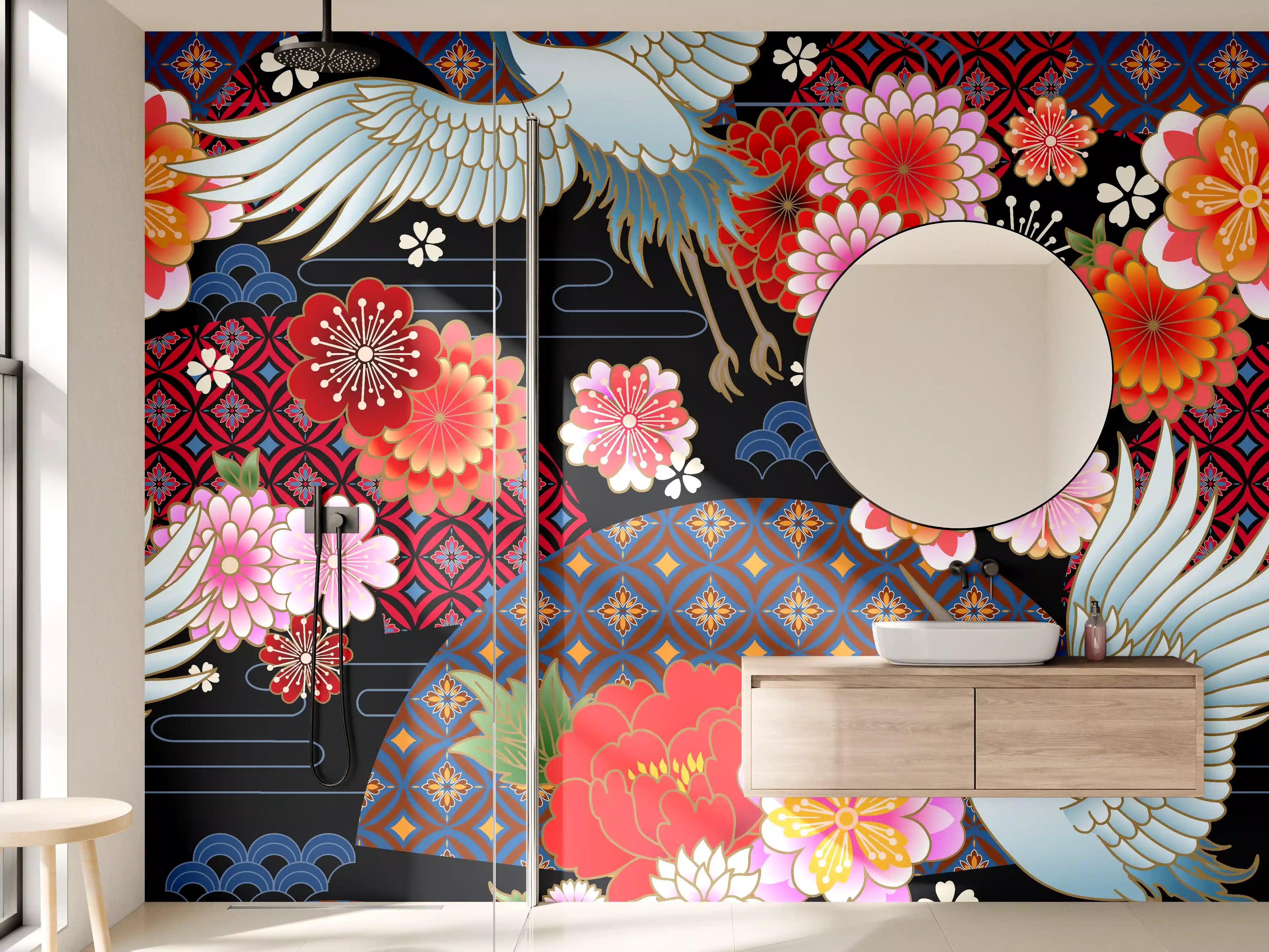 Wandverkleidung Bad - Buntes Vogel-Blumen-Muster
