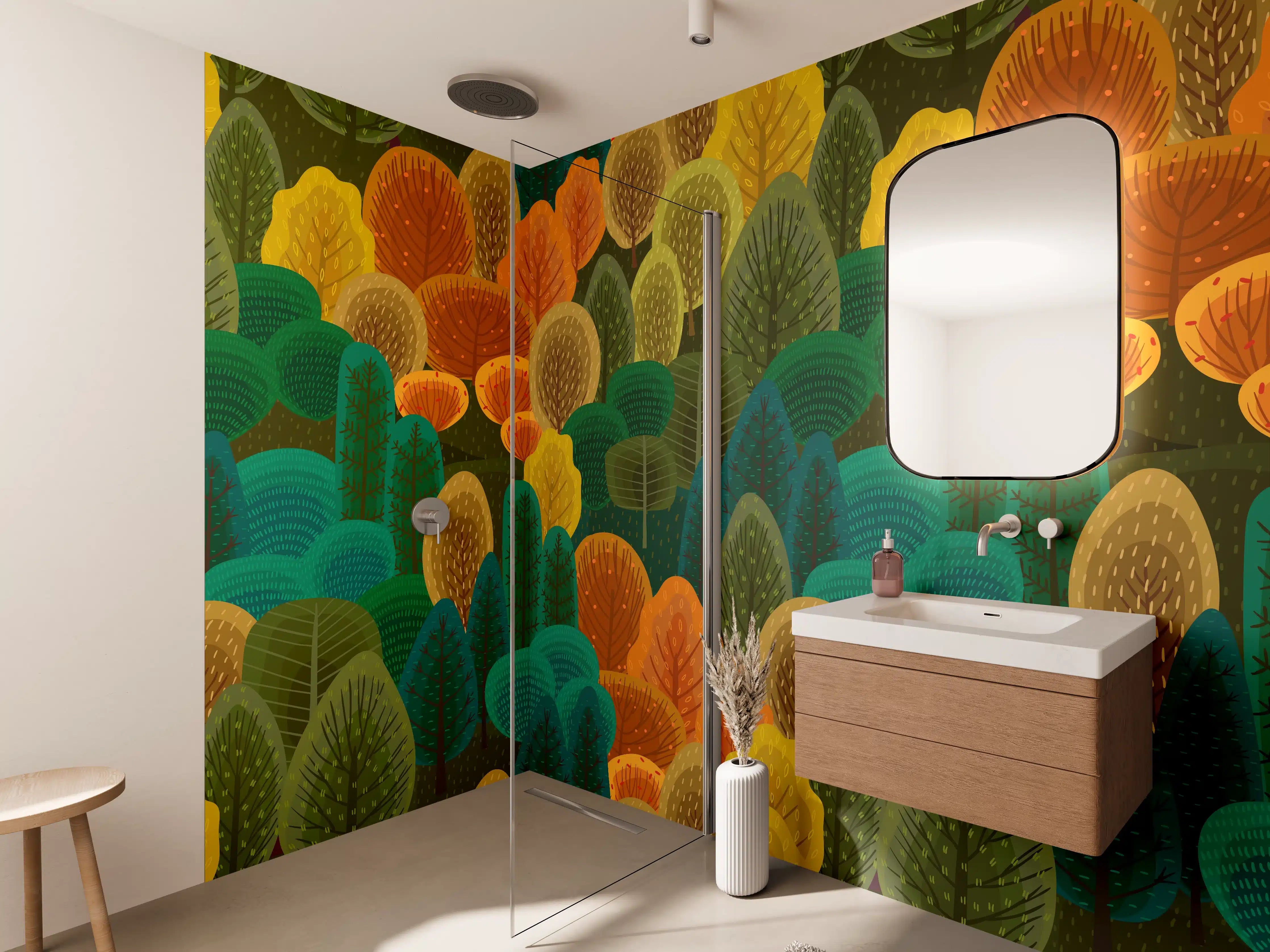 Wandverkleidung Bad - Buntes Waldmuster Design