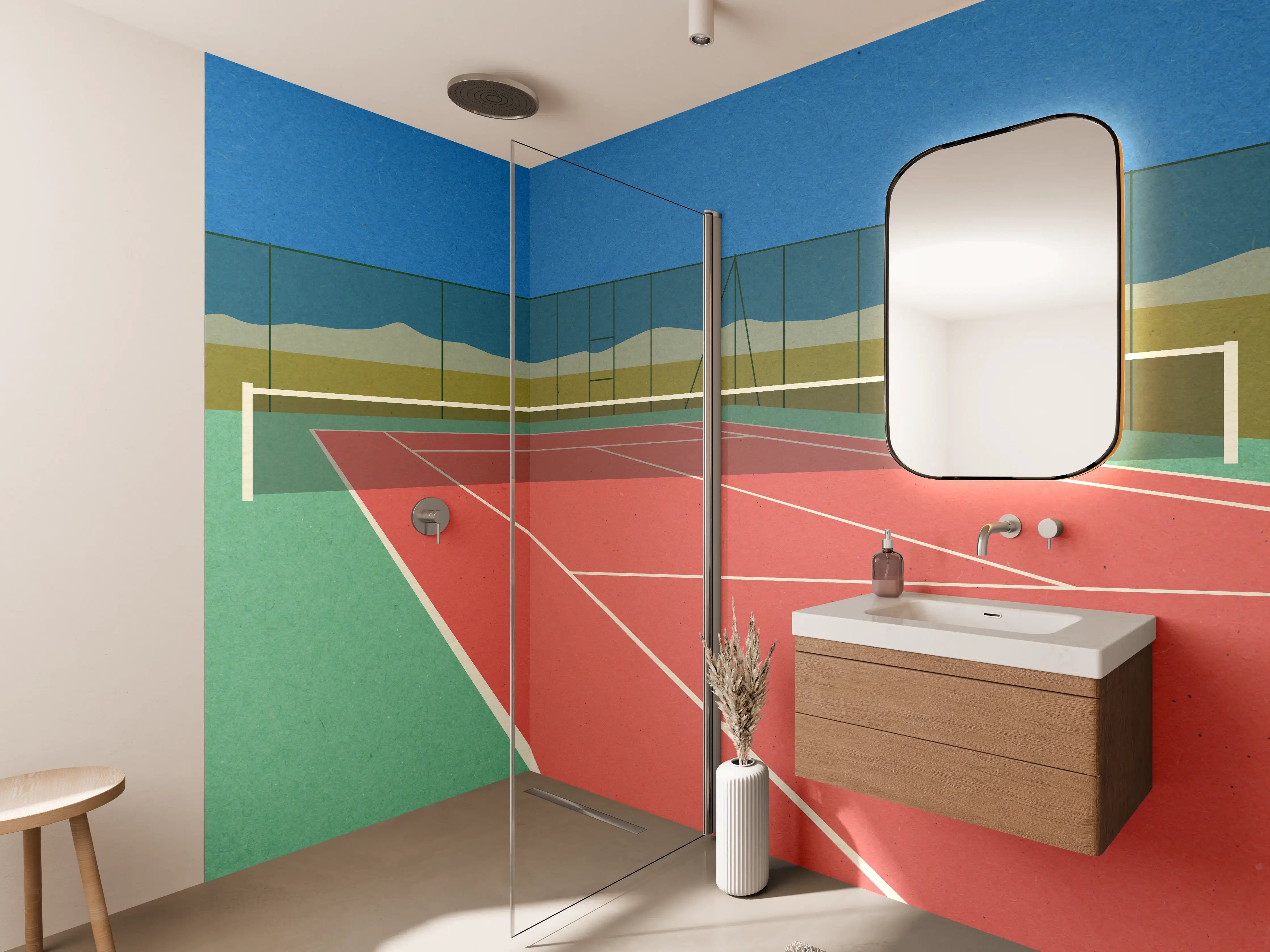 Wandverkleidung Bad - Buntes Wüsten-Tennis-Court Papierkunst