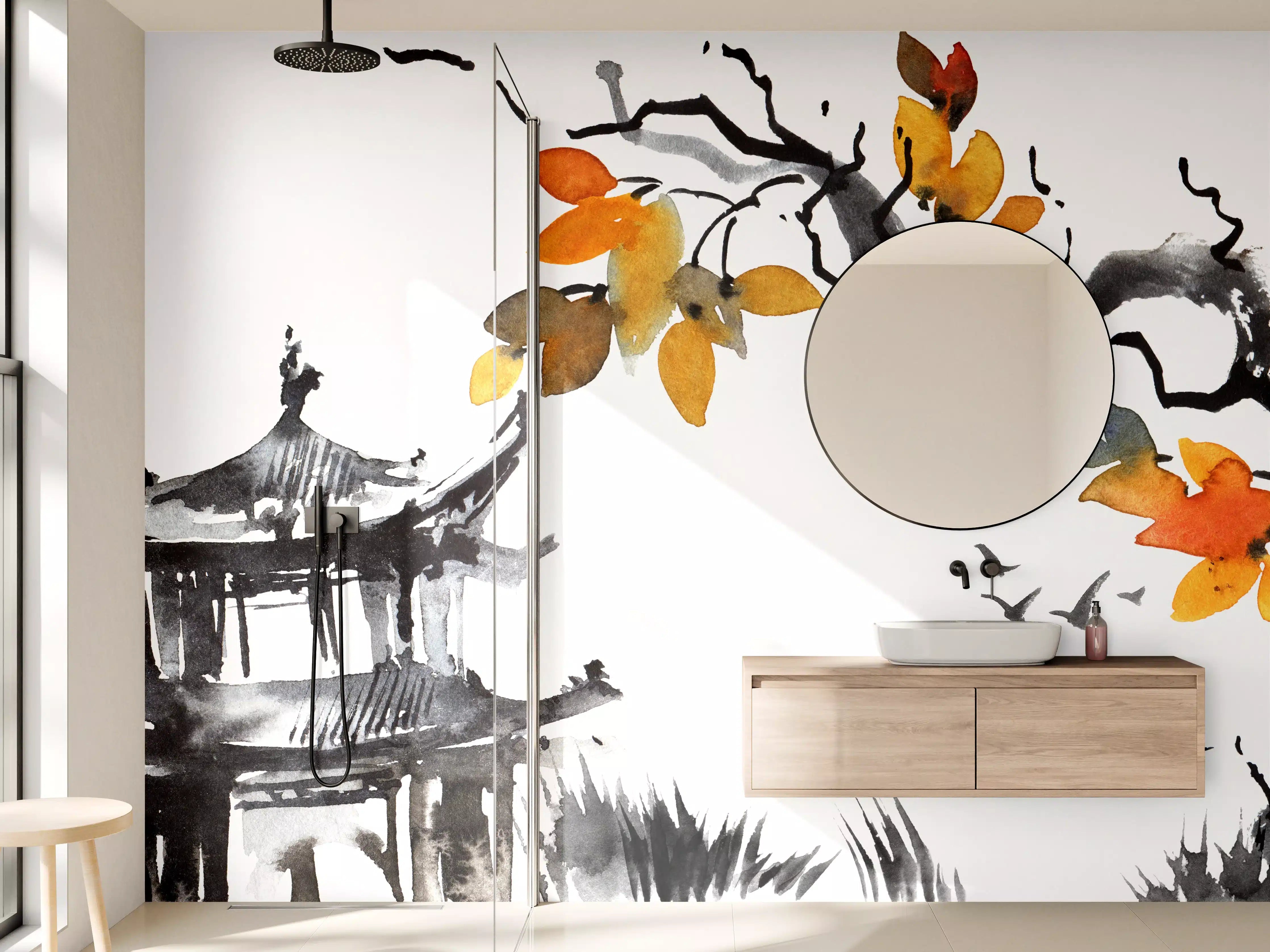 Wandverkleidung Bad - Chinesische Landschaft - Aquarell