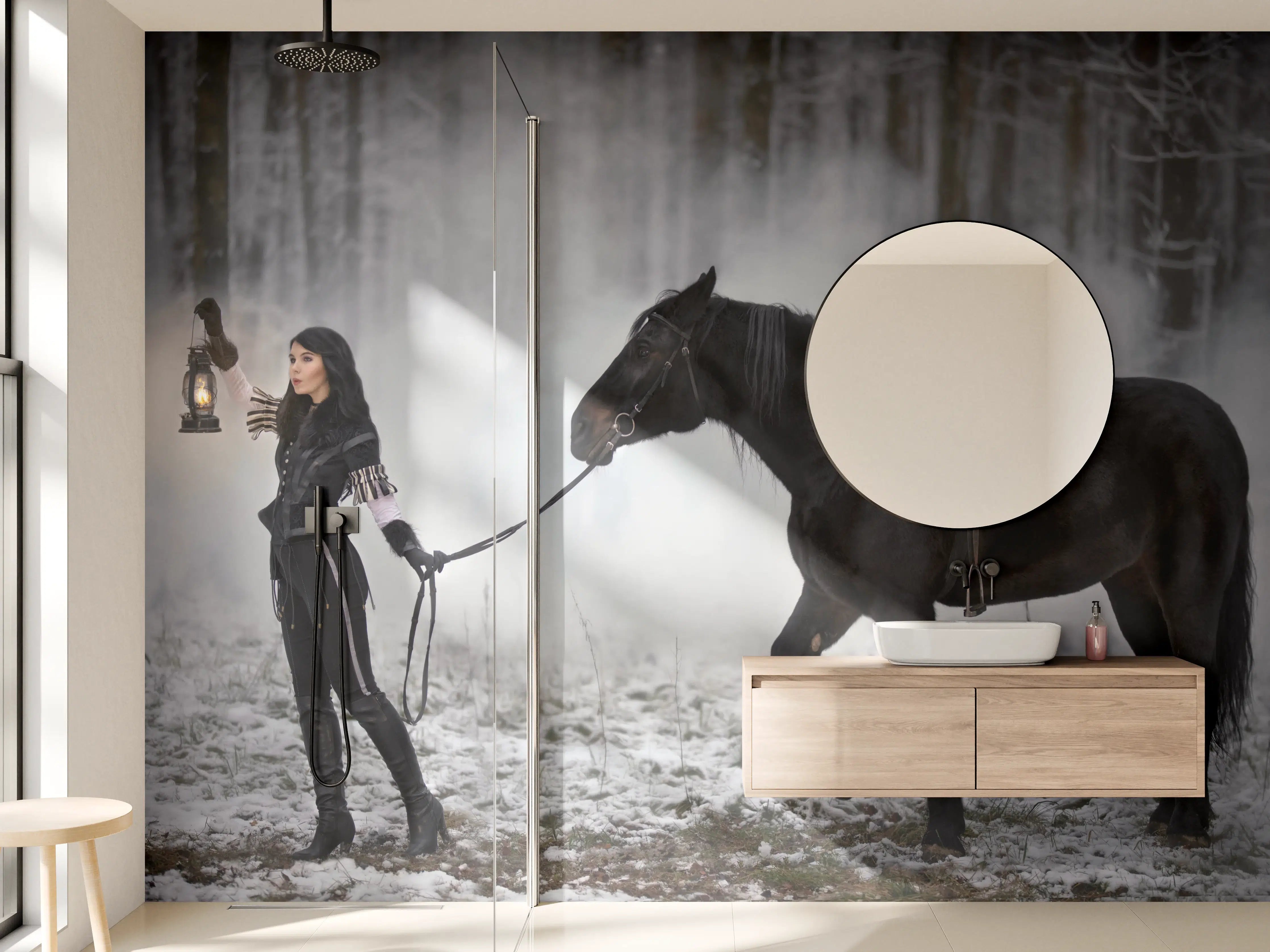 Wandverkleidung Bad - Cosplay-Zauberin The Witcher mit Pferd