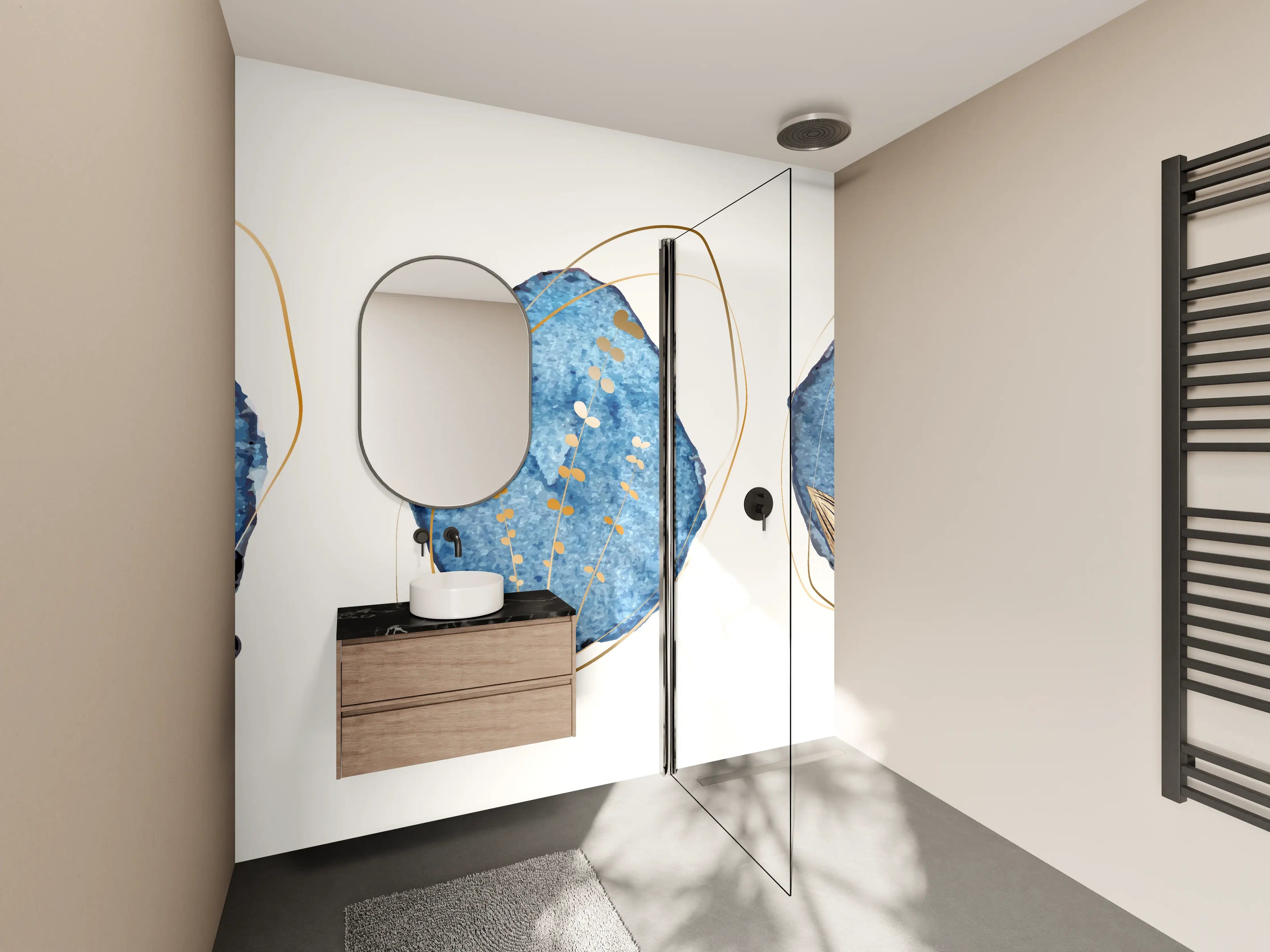 Wandverkleidung Bad - Denim Blau Naturmotiv Kunstdruck