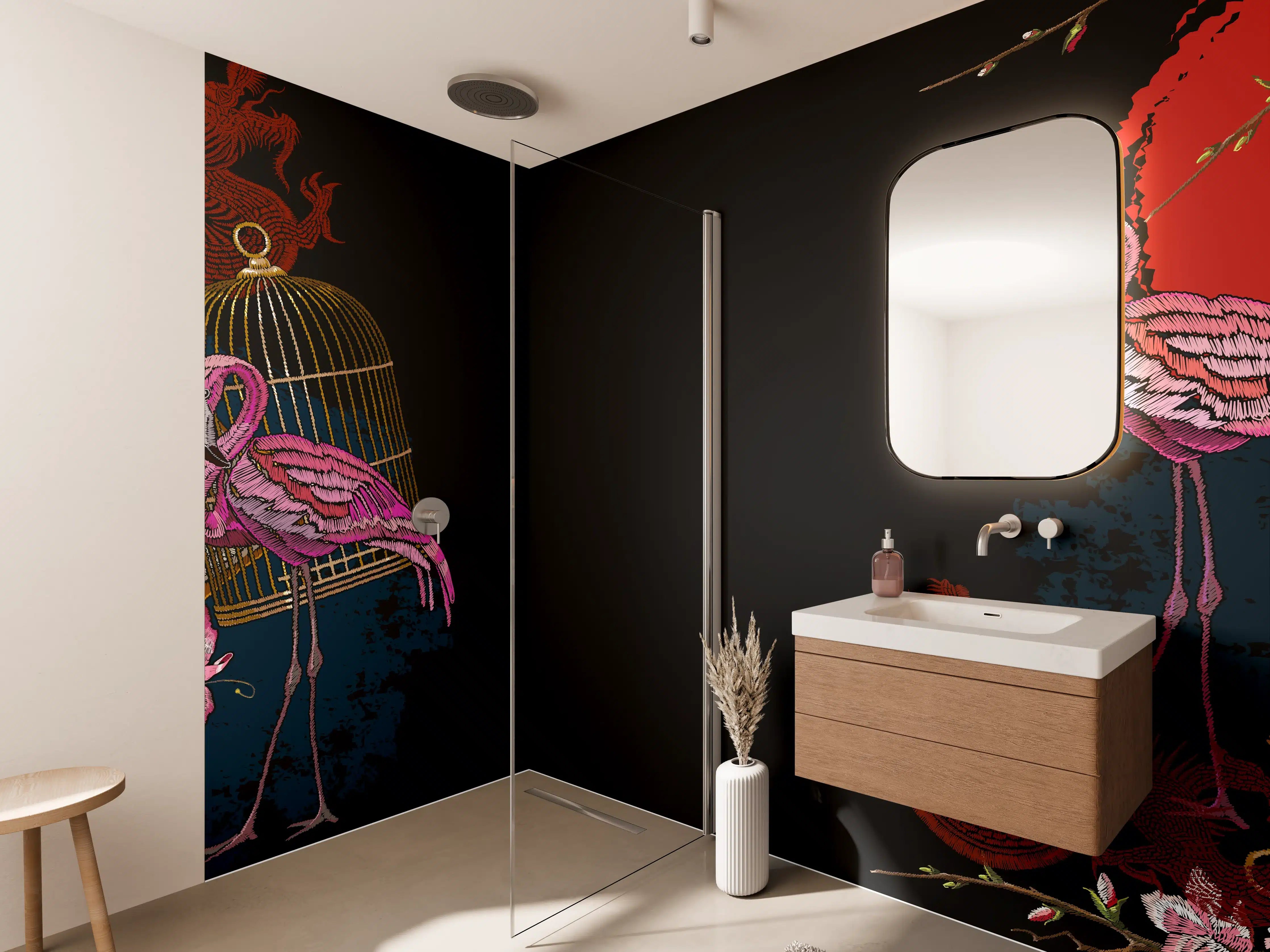 Wandverkleidung Bad - Drachen & Flamigos - Stickmuster