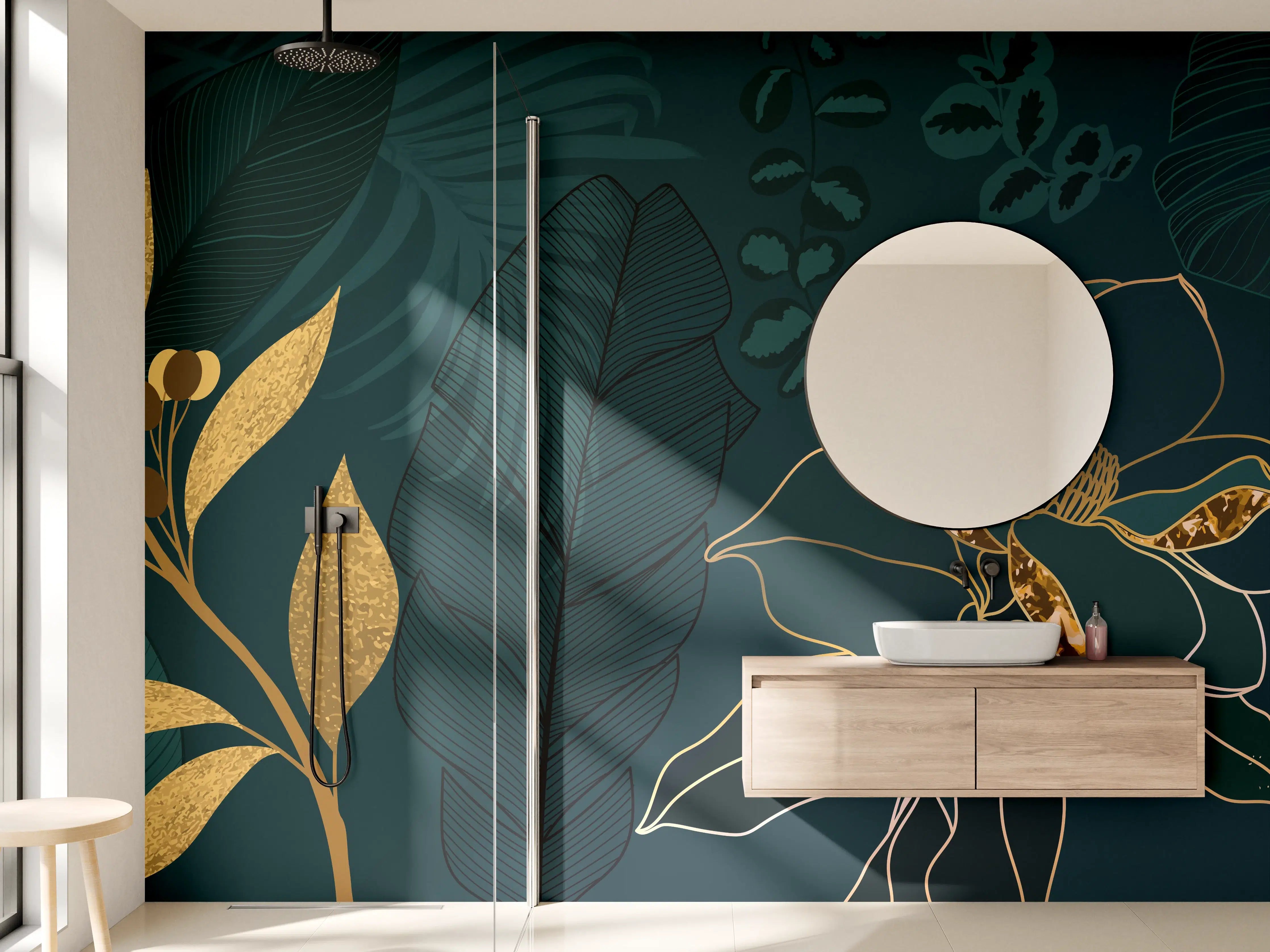 Wandverkleidung Bad - Dschungel-Blatt-Gold-Linie