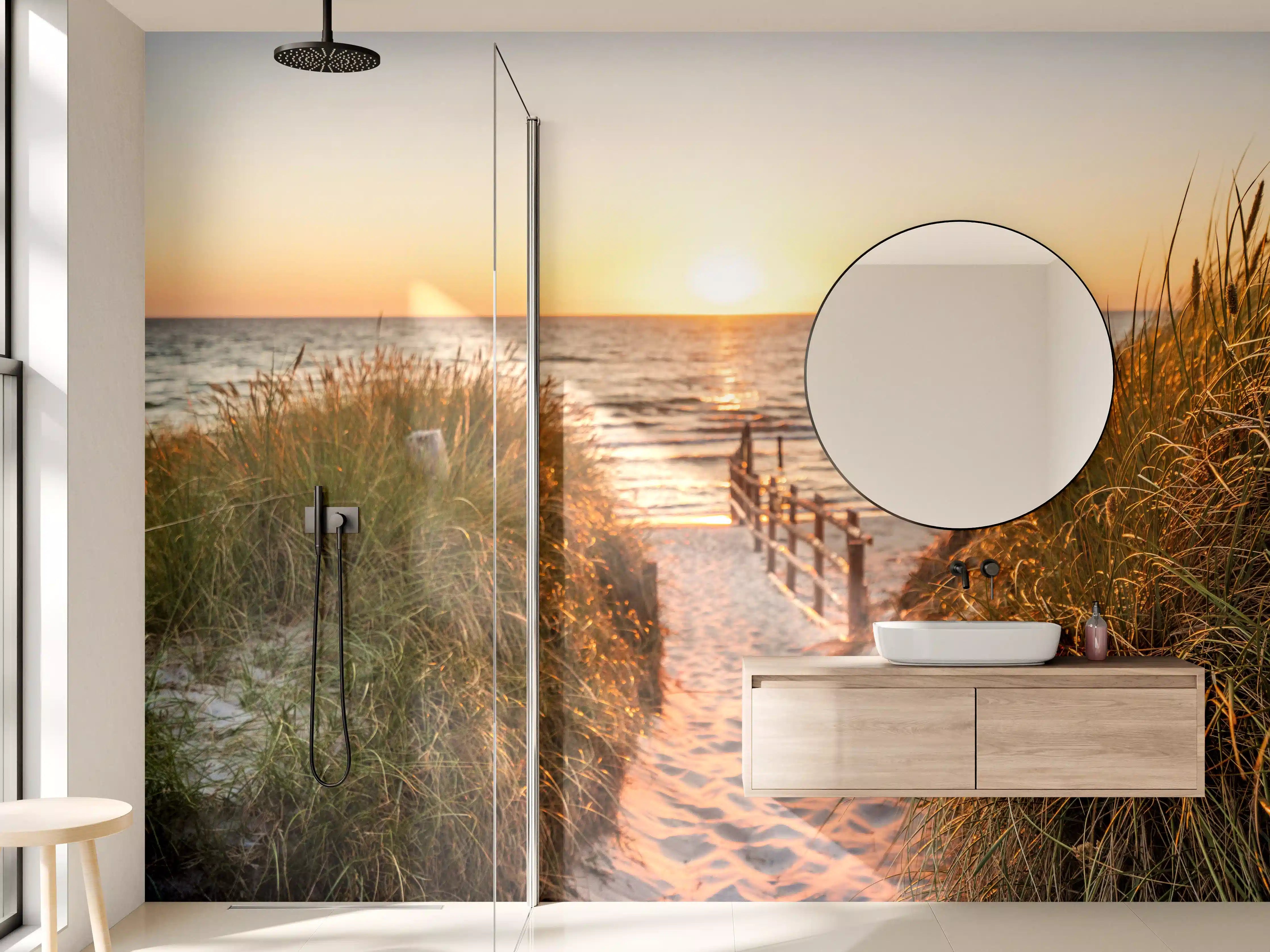 Wandverkleidung Bad - Dünen am Strand an der Nordsee bei Sonnenuntergang