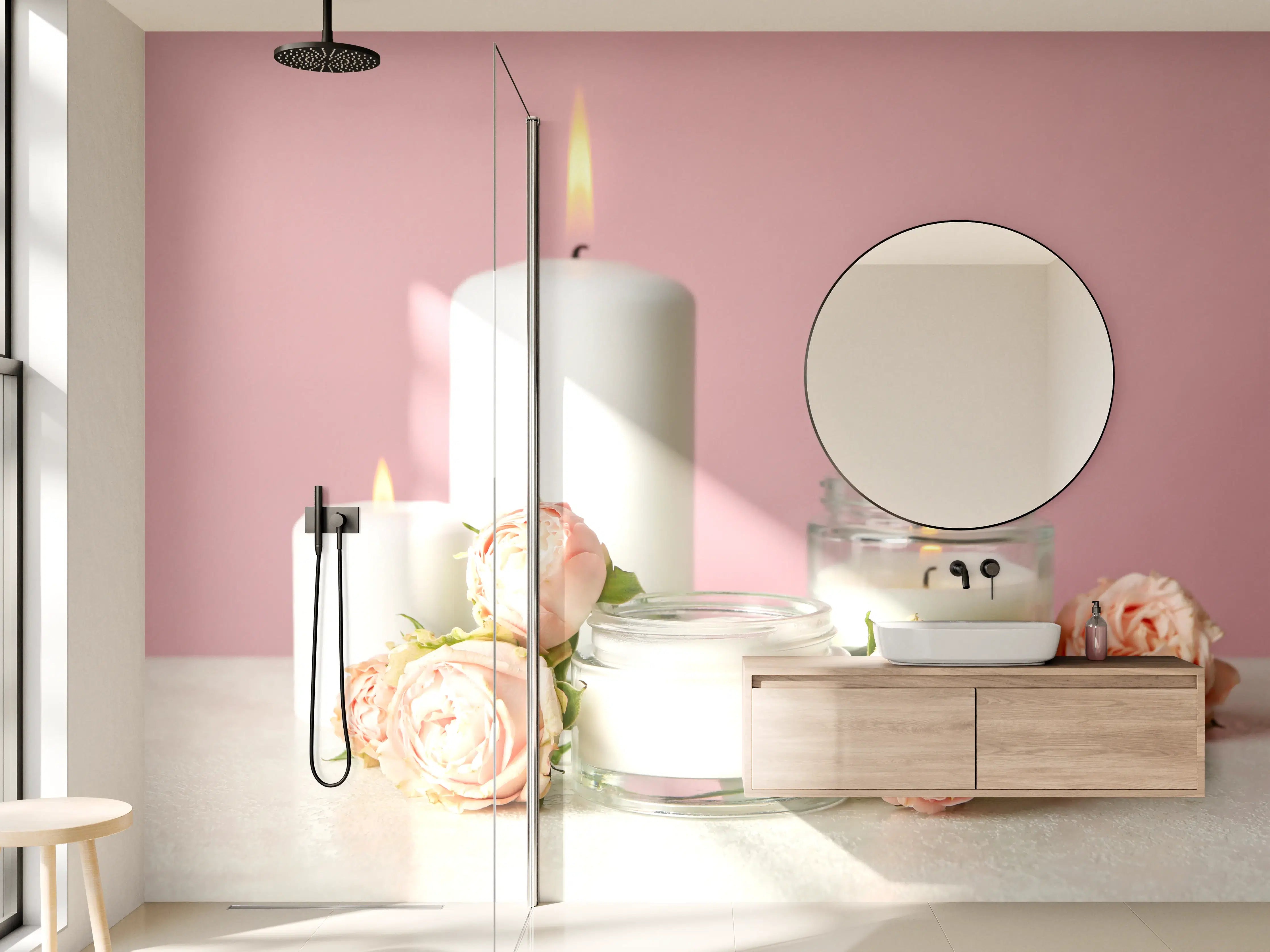 Wandverkleidung Bad - Duftkerzen und Rosen auf weißem Tisch 