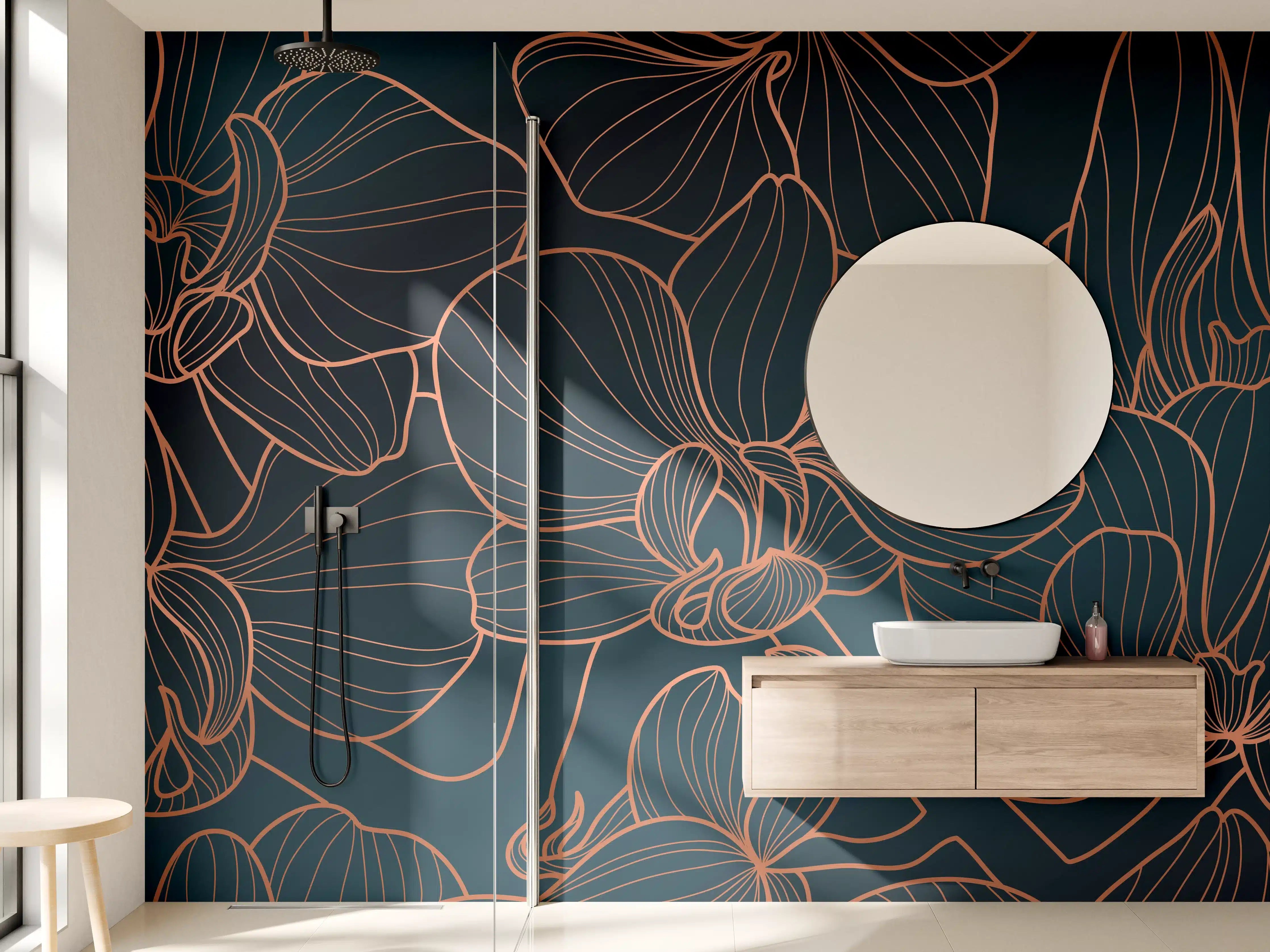 Wandverkleidung Bad - Dunkelblaue Floral Linien Kunst