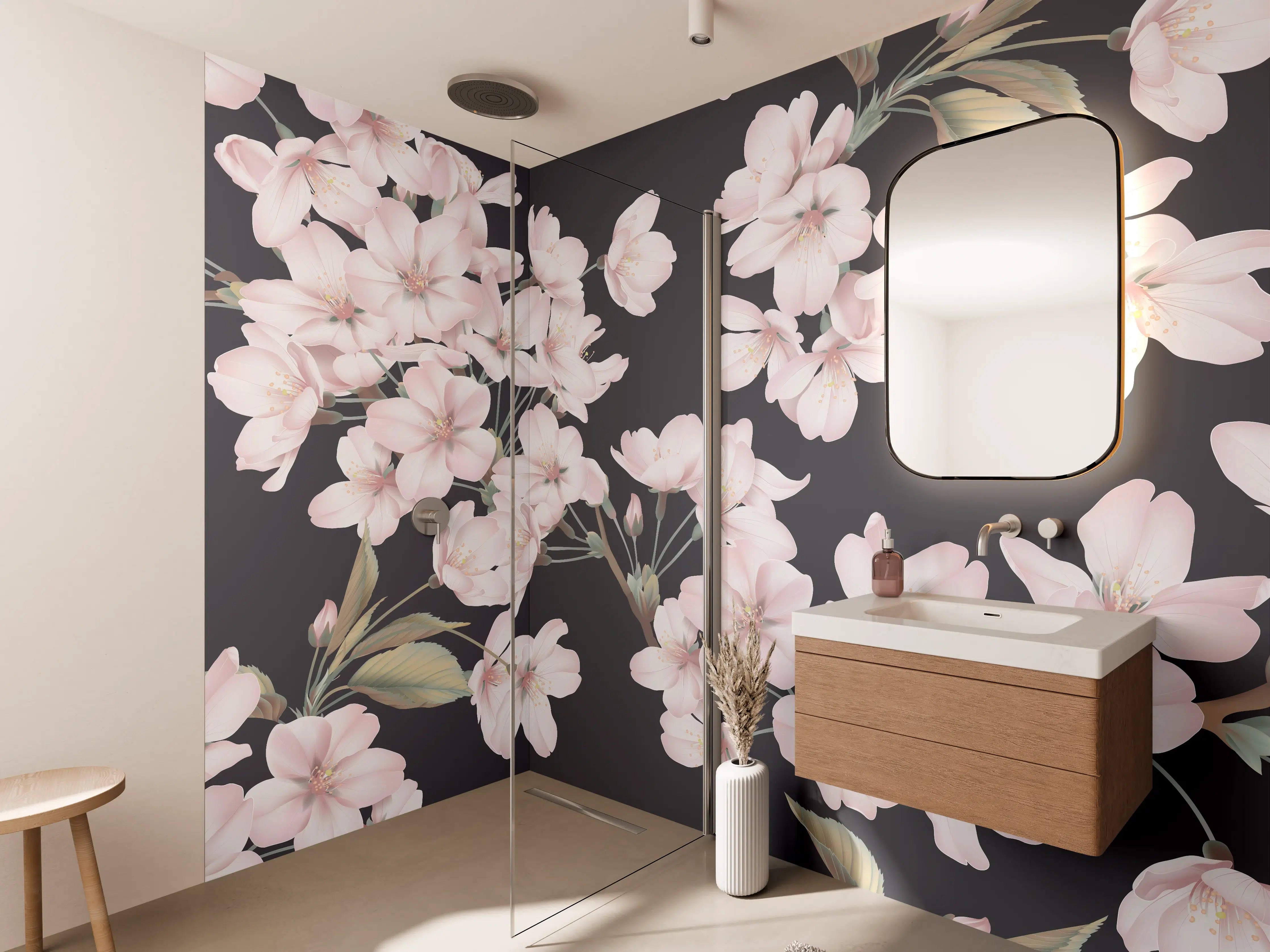 Wandverkleidung Bad - Dunkelgrau-Sakura-Musterdesign