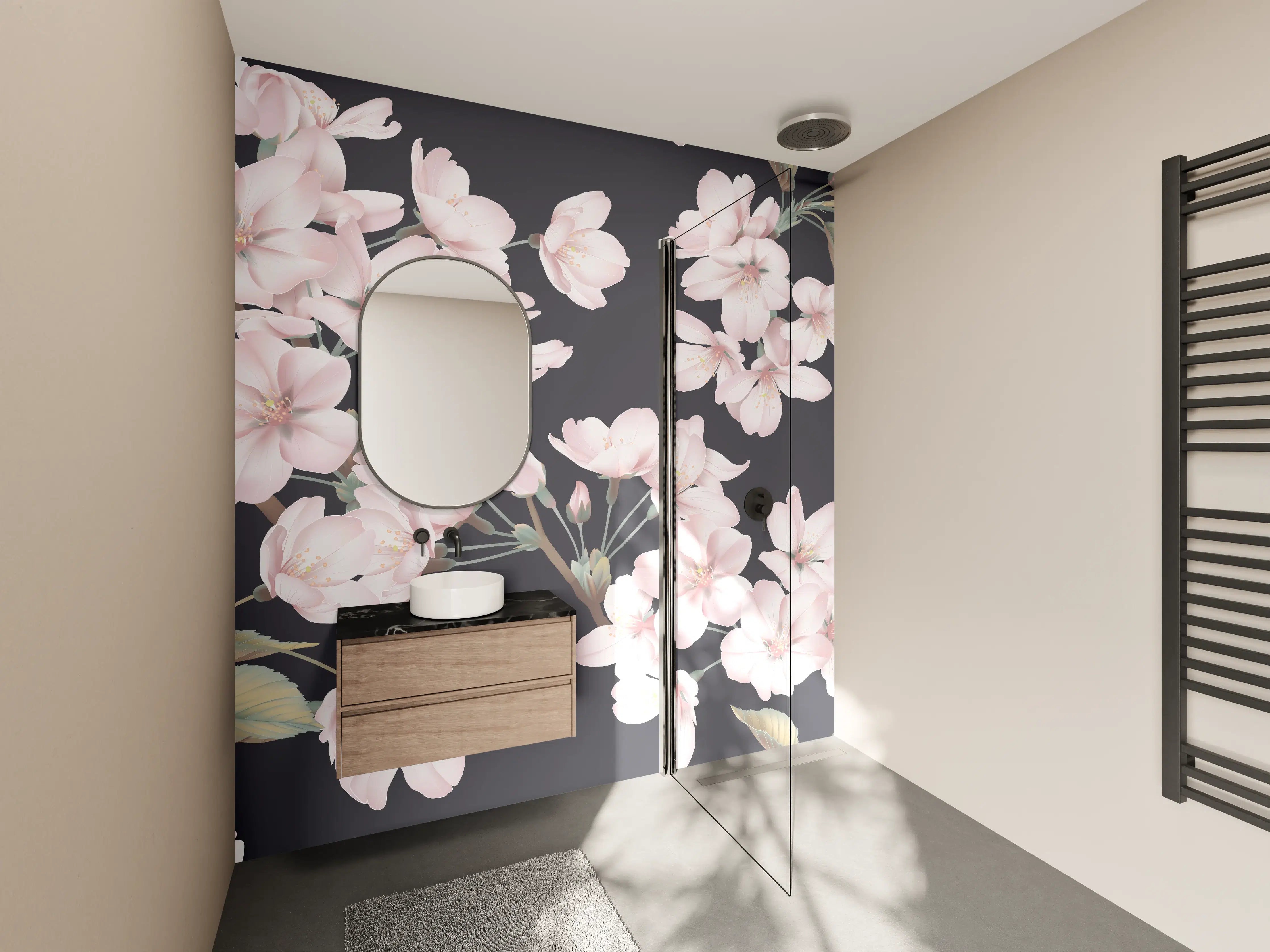 Wandverkleidung Bad - Dunkelgrau-Sakura-Musterdesign
