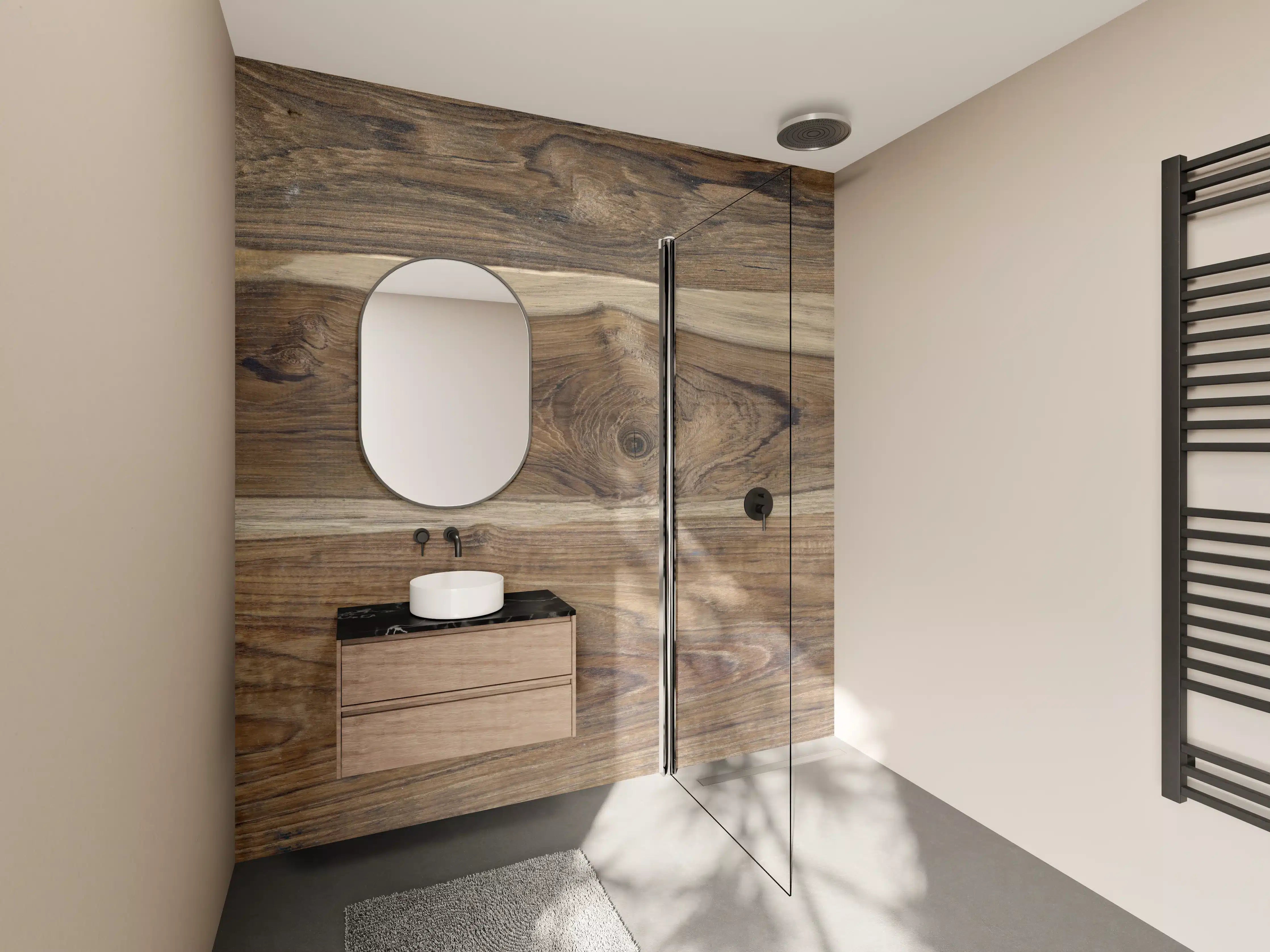 Wandverkleidung Bad - Dunkle Holzoptik