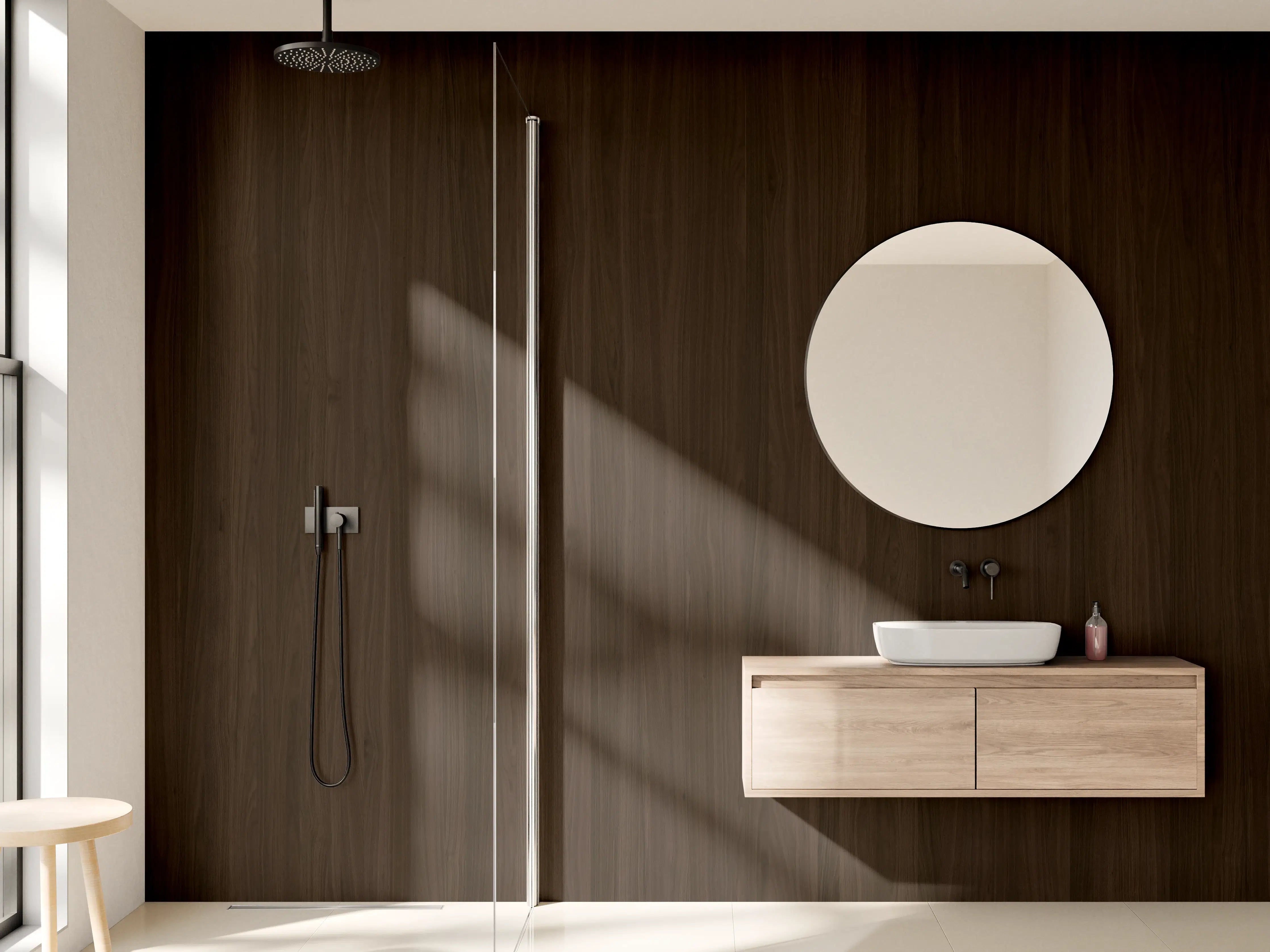 Wandverkleidung Bad - Dunkle Holzoptik mit feiner Maserung