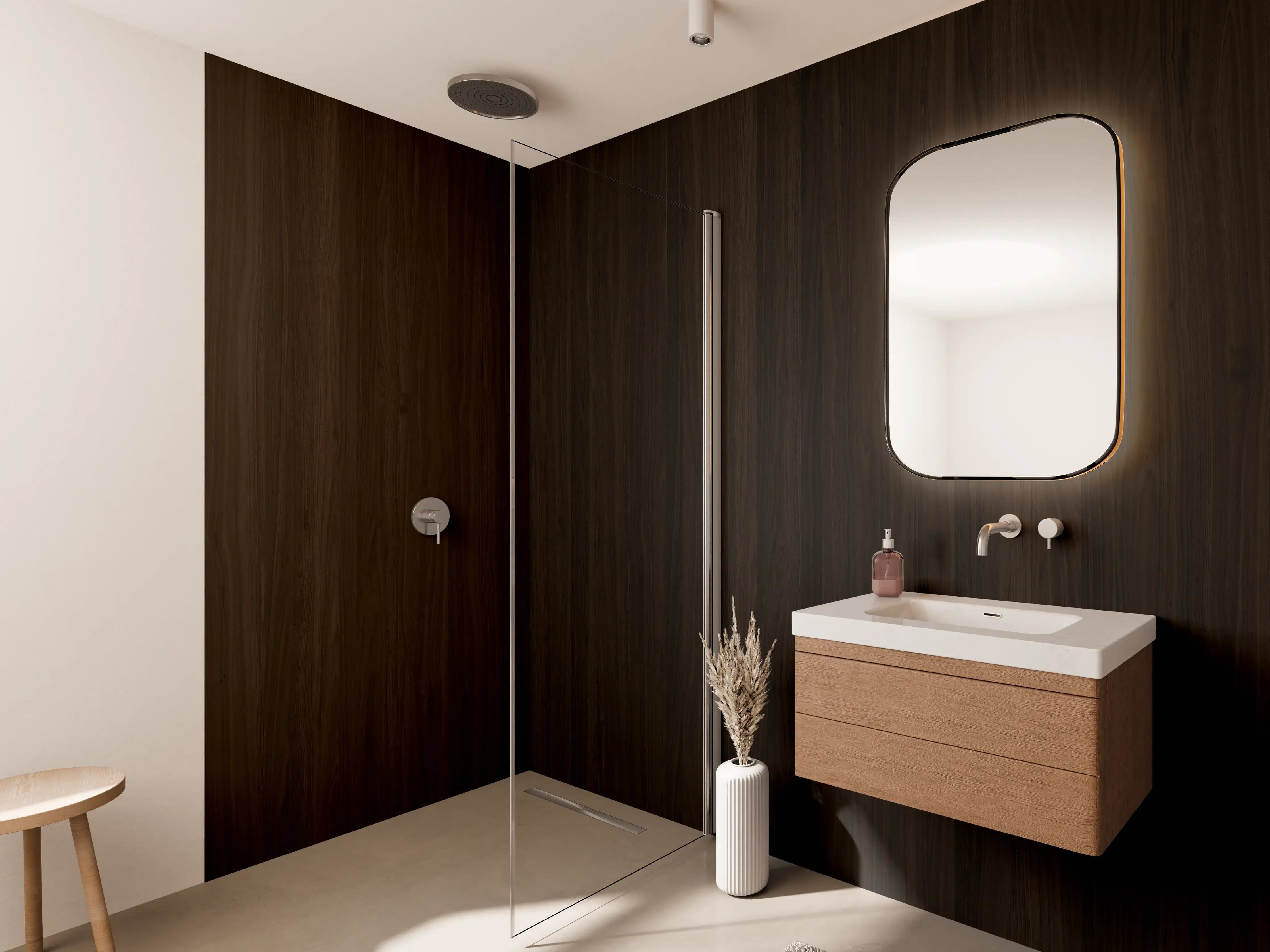 Wandverkleidung Bad - Dunkle Holzoptik mit feiner Maserung