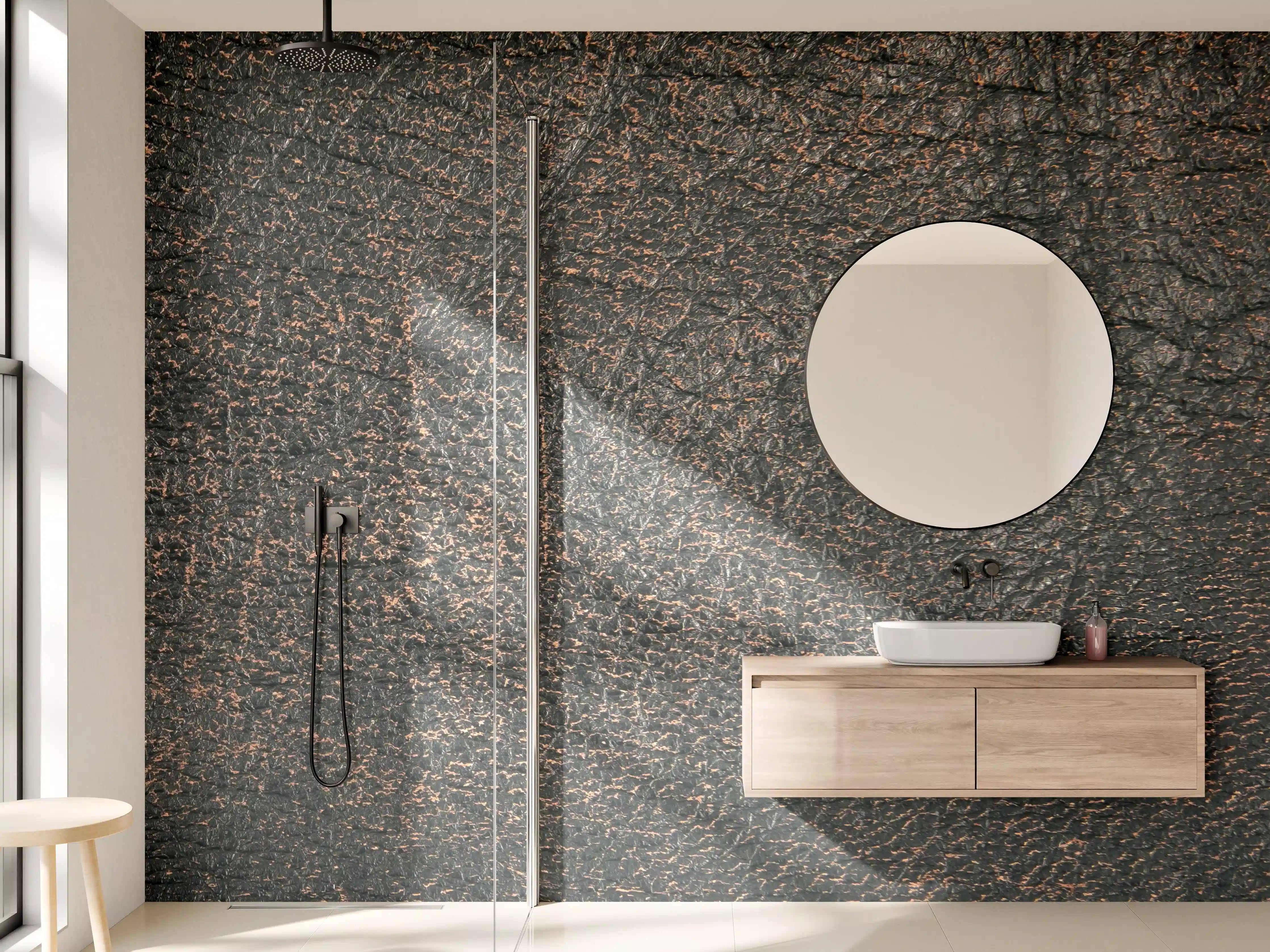 Wandverkleidung Bad - Dunkle Holzoptik mit rauer Textur