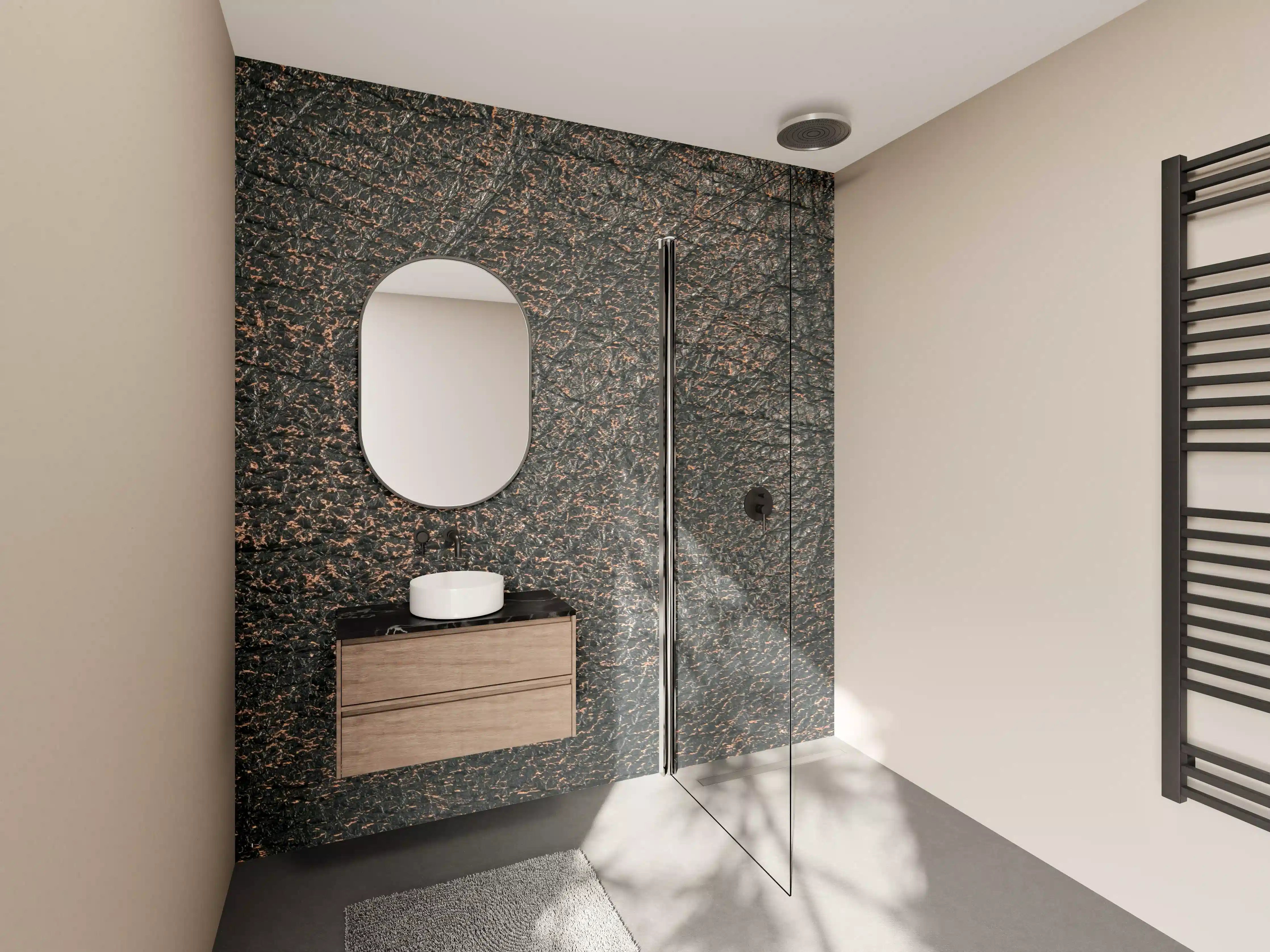 Wandverkleidung Bad - Dunkle Holzoptik mit rauer Textur