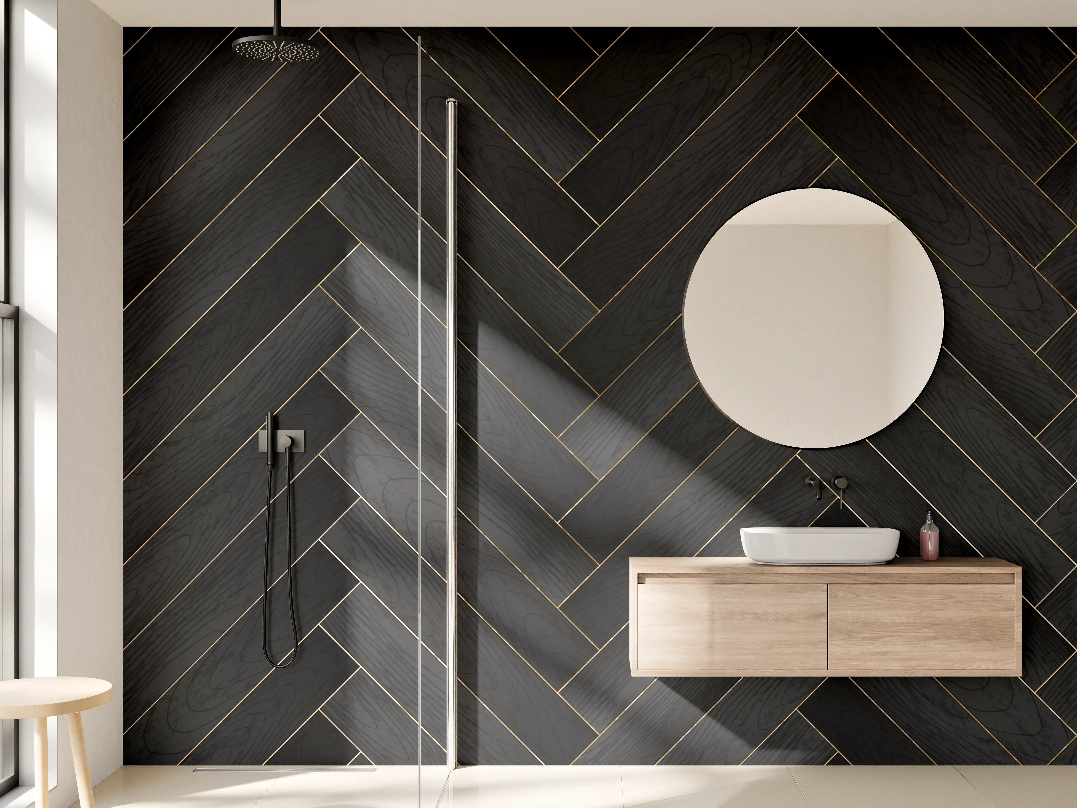 Wandverkleidung Bad - Dunkles Fischgrät Holzparkett