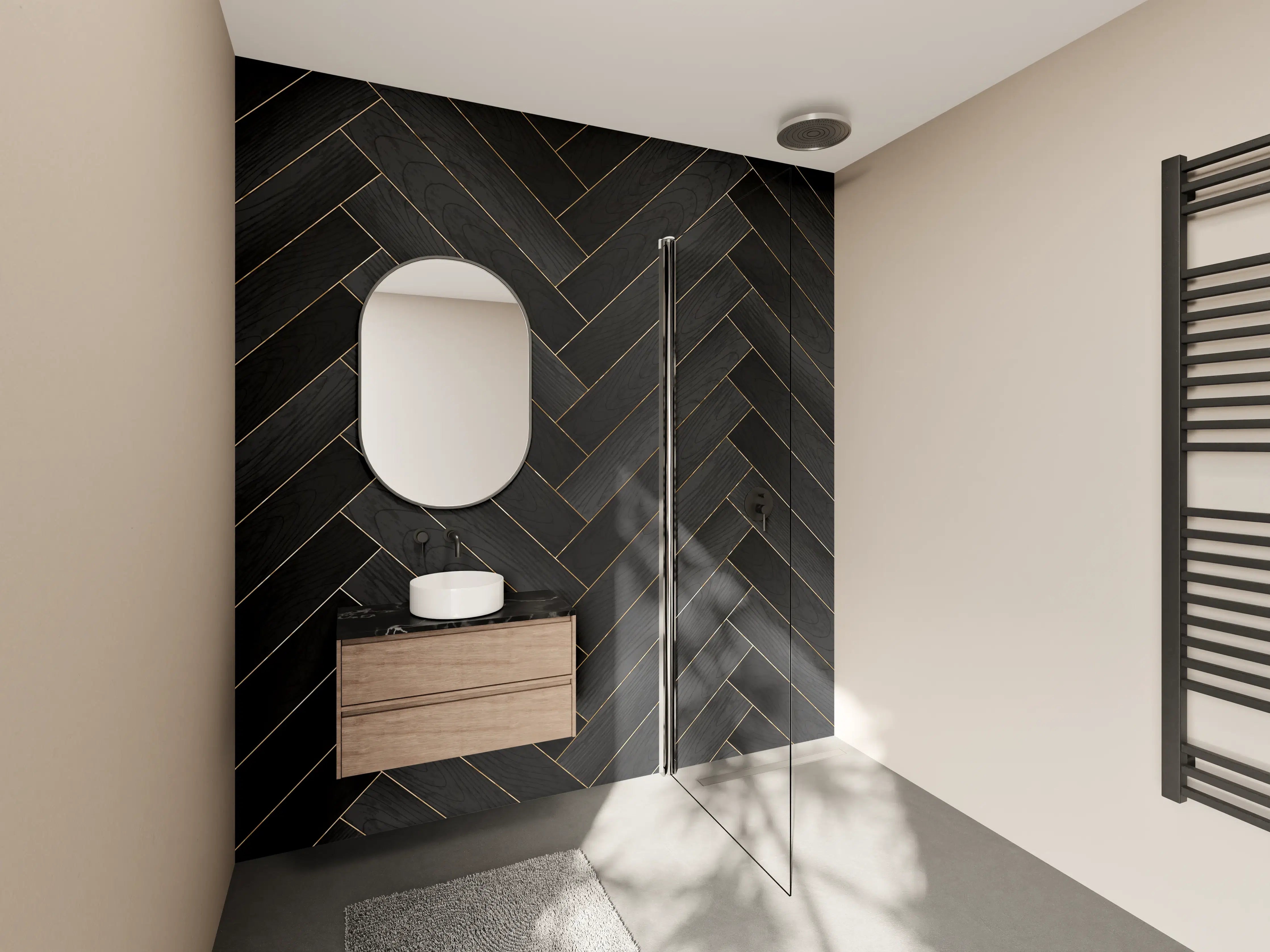 Wandverkleidung Bad - Dunkles Fischgrät Holzparkett