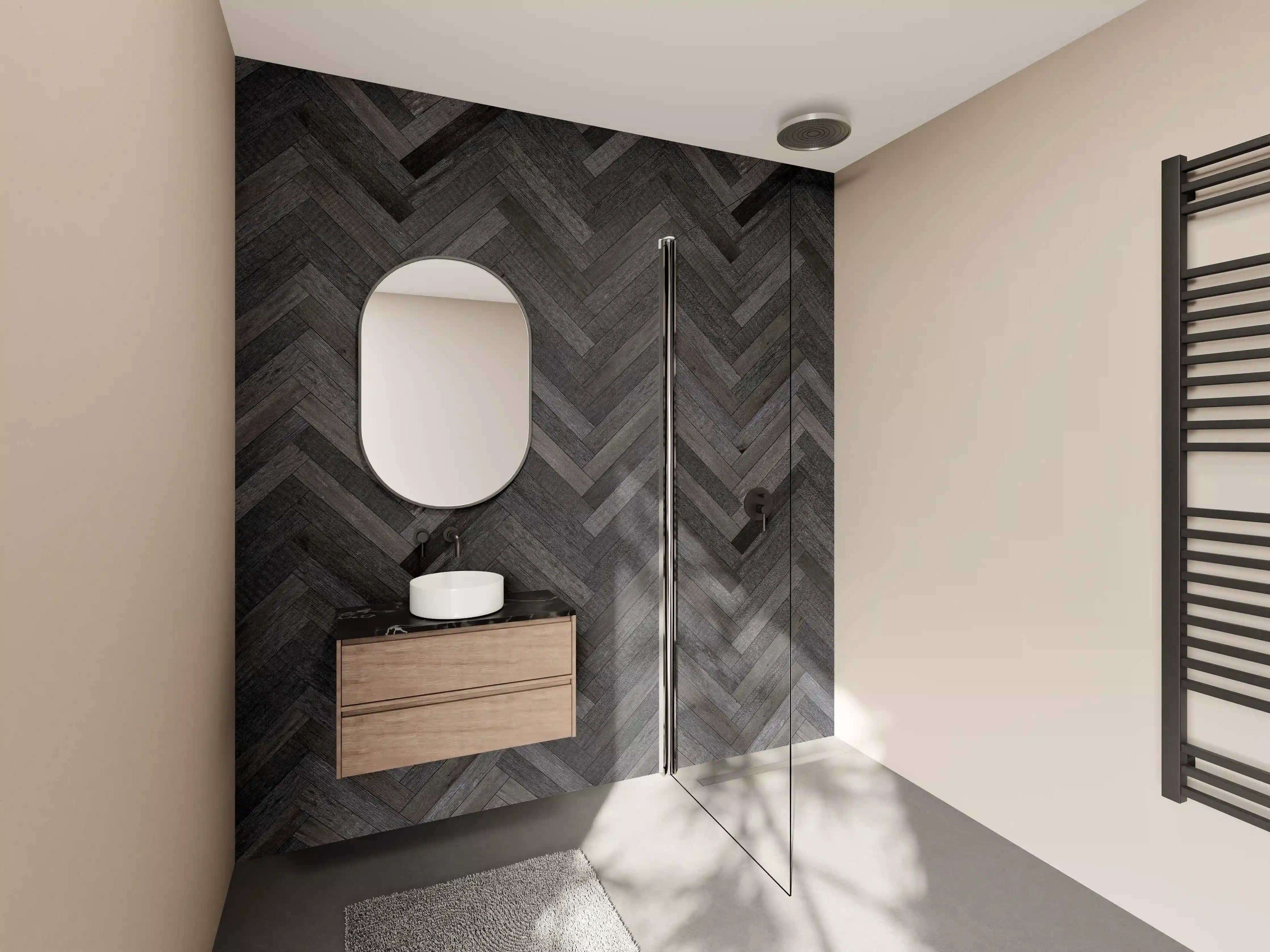 Wandverkleidung Bad - Dunkles Herringbone-Holzdesign