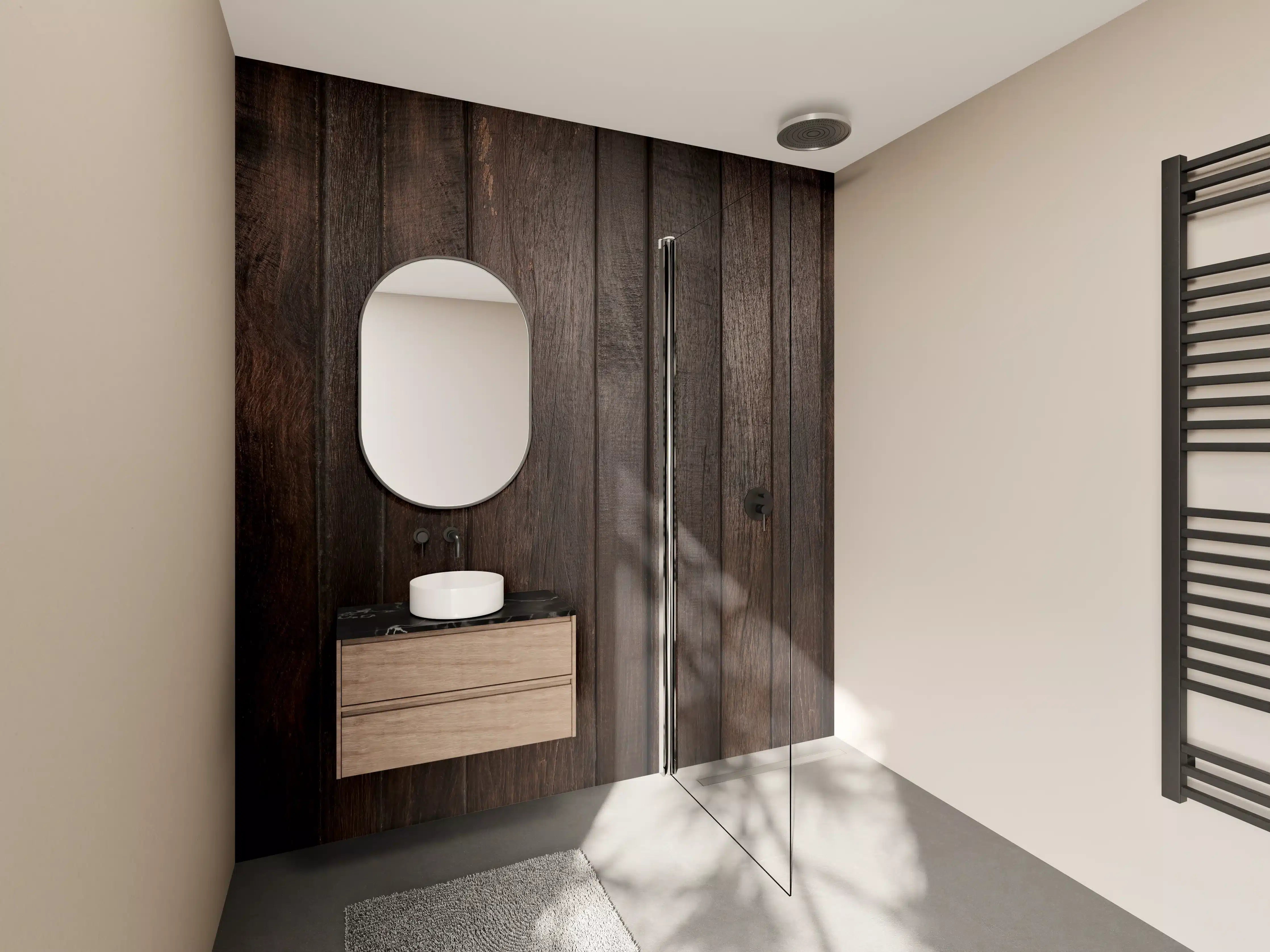 Wandverkleidung Bad - Dunkles glasiertes Holz
