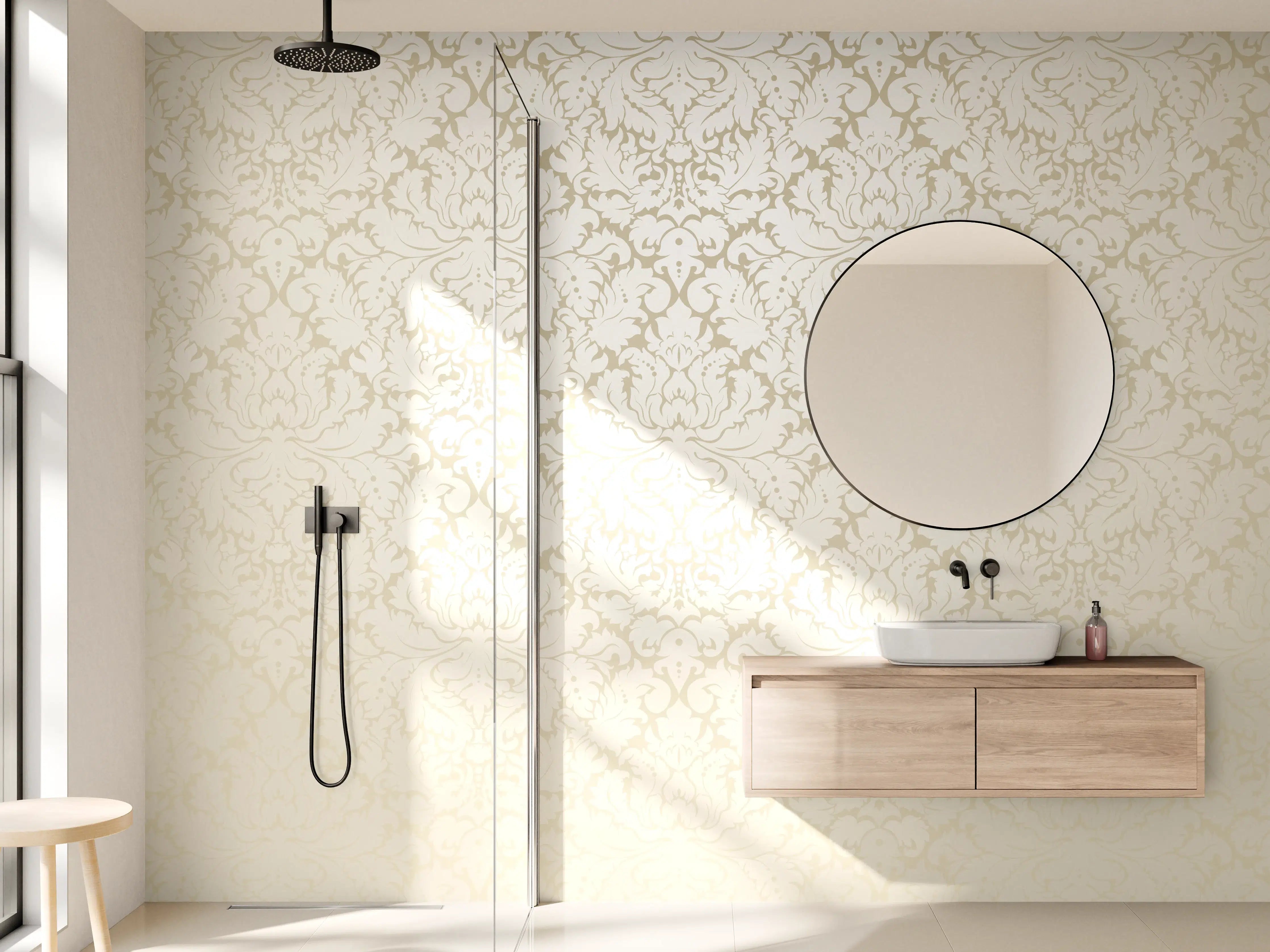 Wandverkleidung Bad - Edle Creme-Gold Damast-Tapete