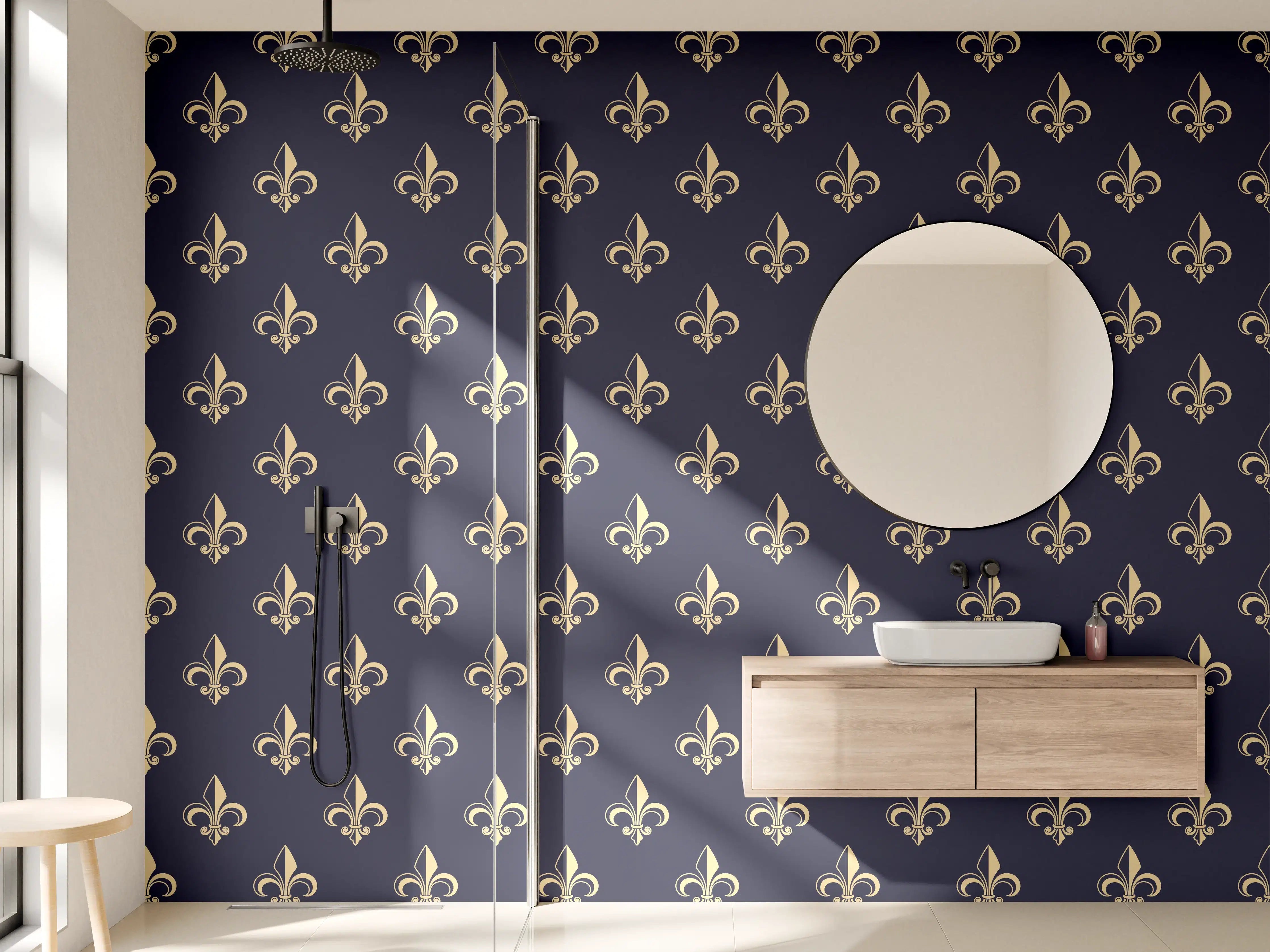 Wandverkleidung Bad - Edles Fleur-de-Lis Muster Dunkelblau