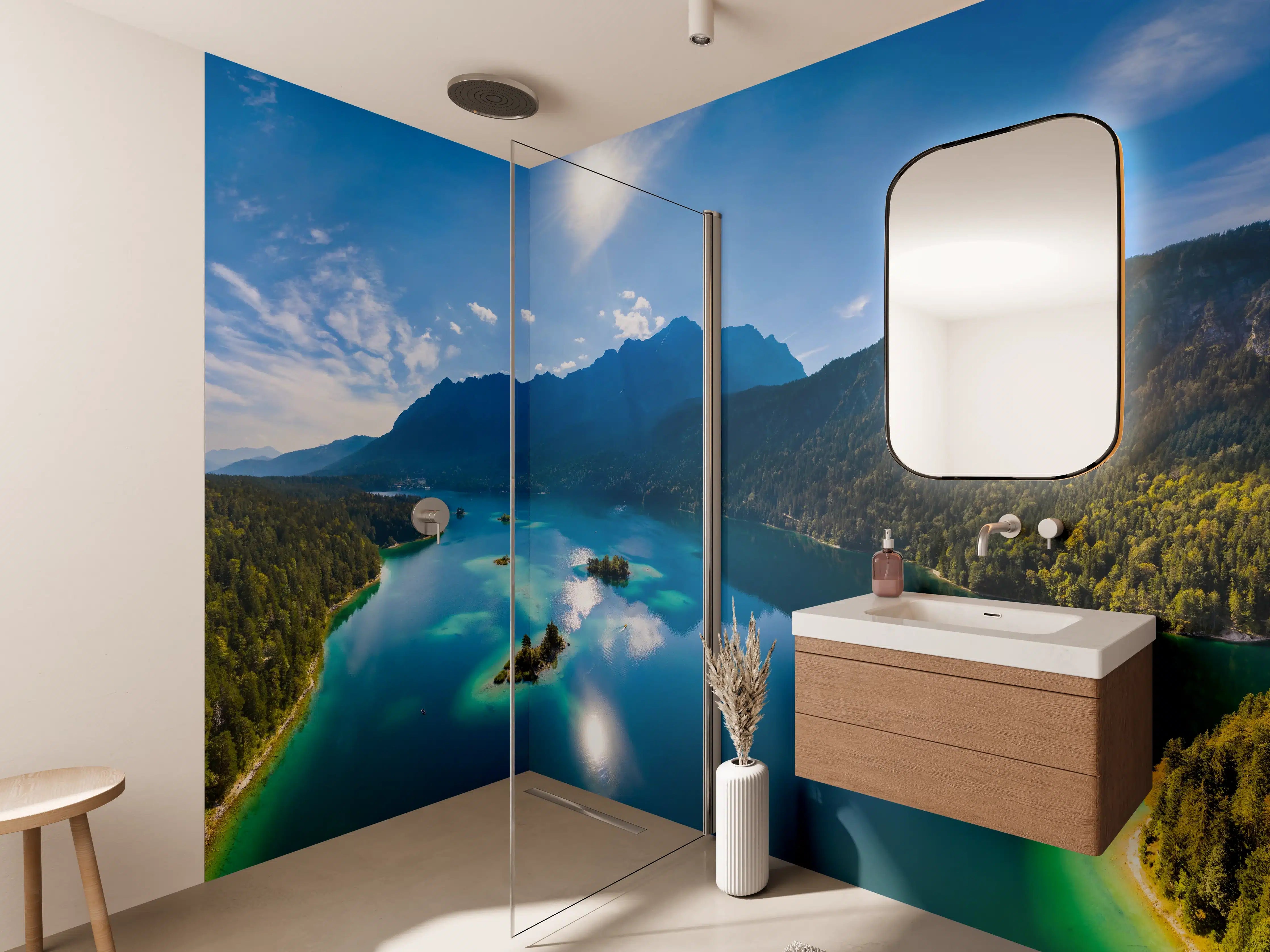 Wandverkleidung Bad - Eibsees mit der Zugspitze im Hintergrund