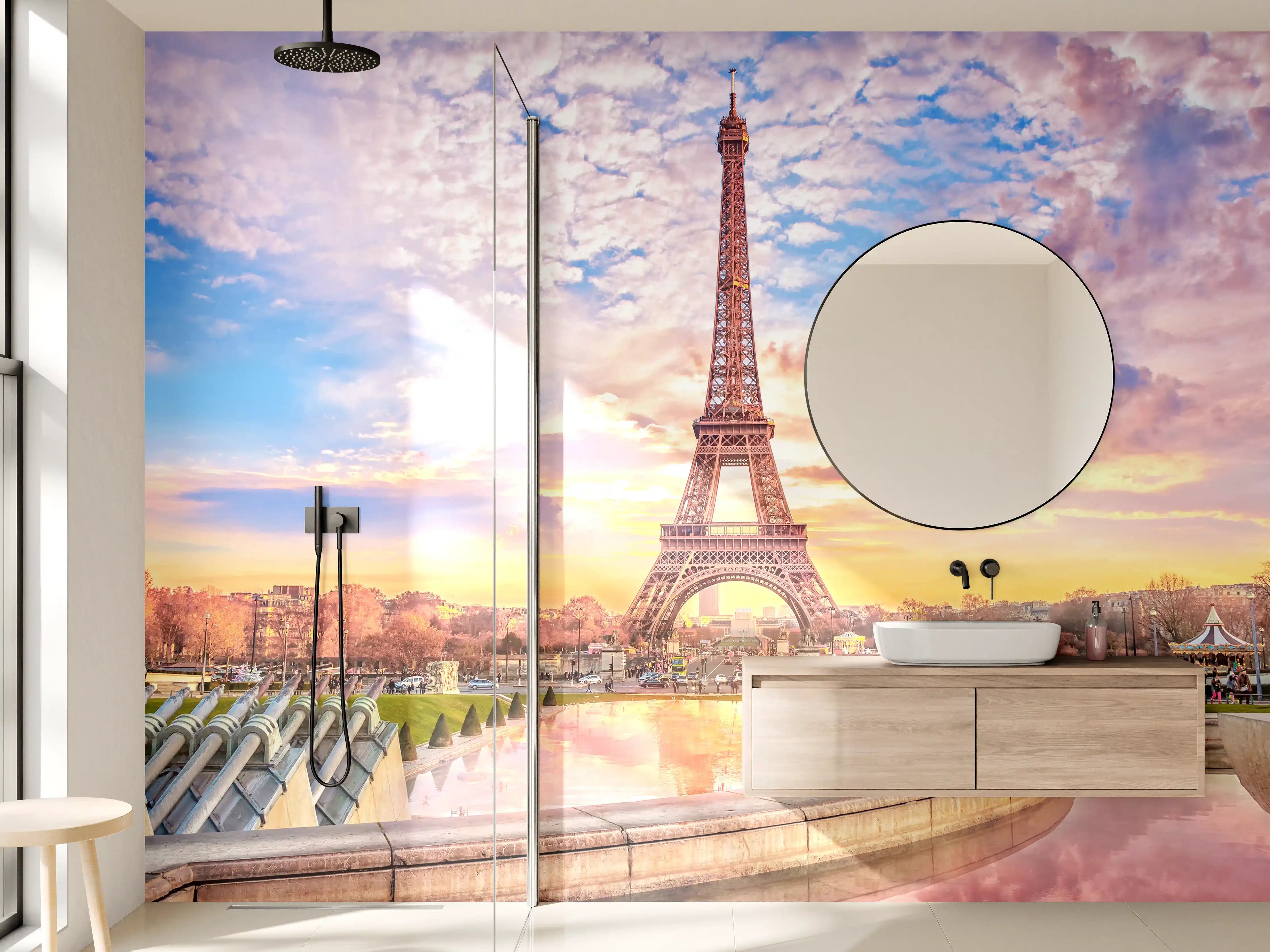 Wandverkleidung Bad - Eiffelturm bei Sonnenuntergang in sanften Pastellfarben