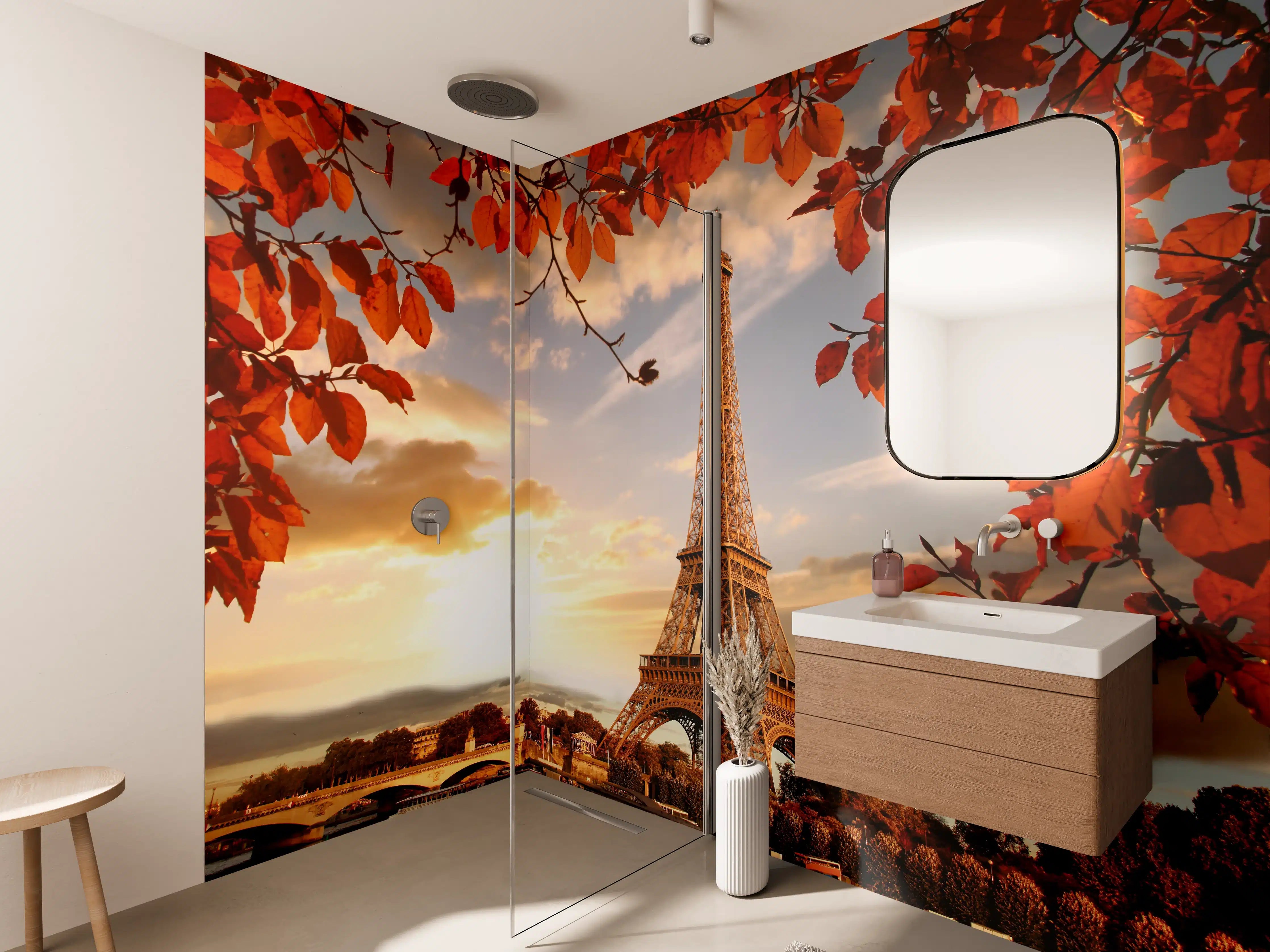 Wandverkleidung Bad - Eiffelturm mit Herbstlaub in Paris