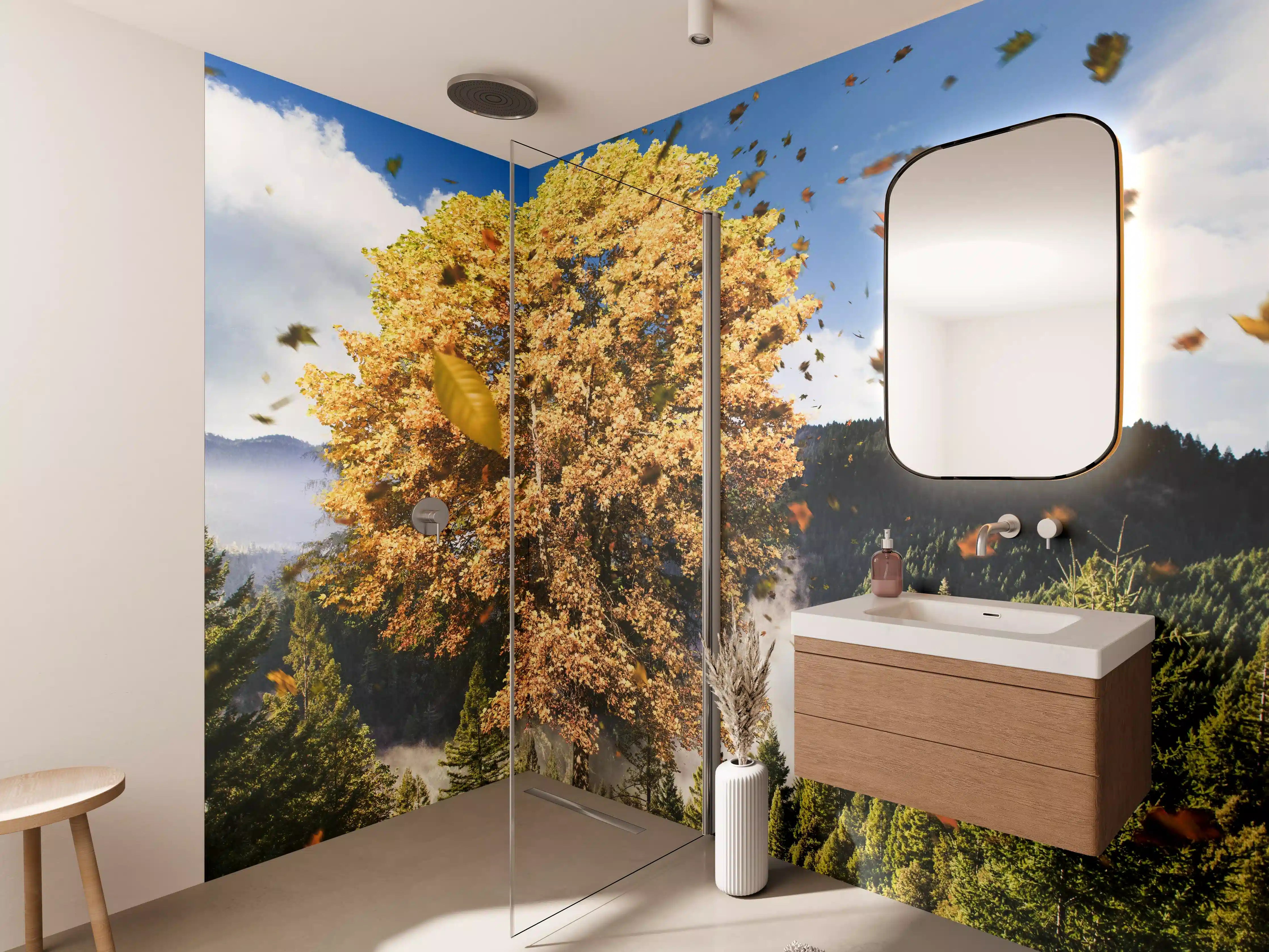 Wandverkleidung Bad - Einzelner Herbst Baum im Wald bei Wind