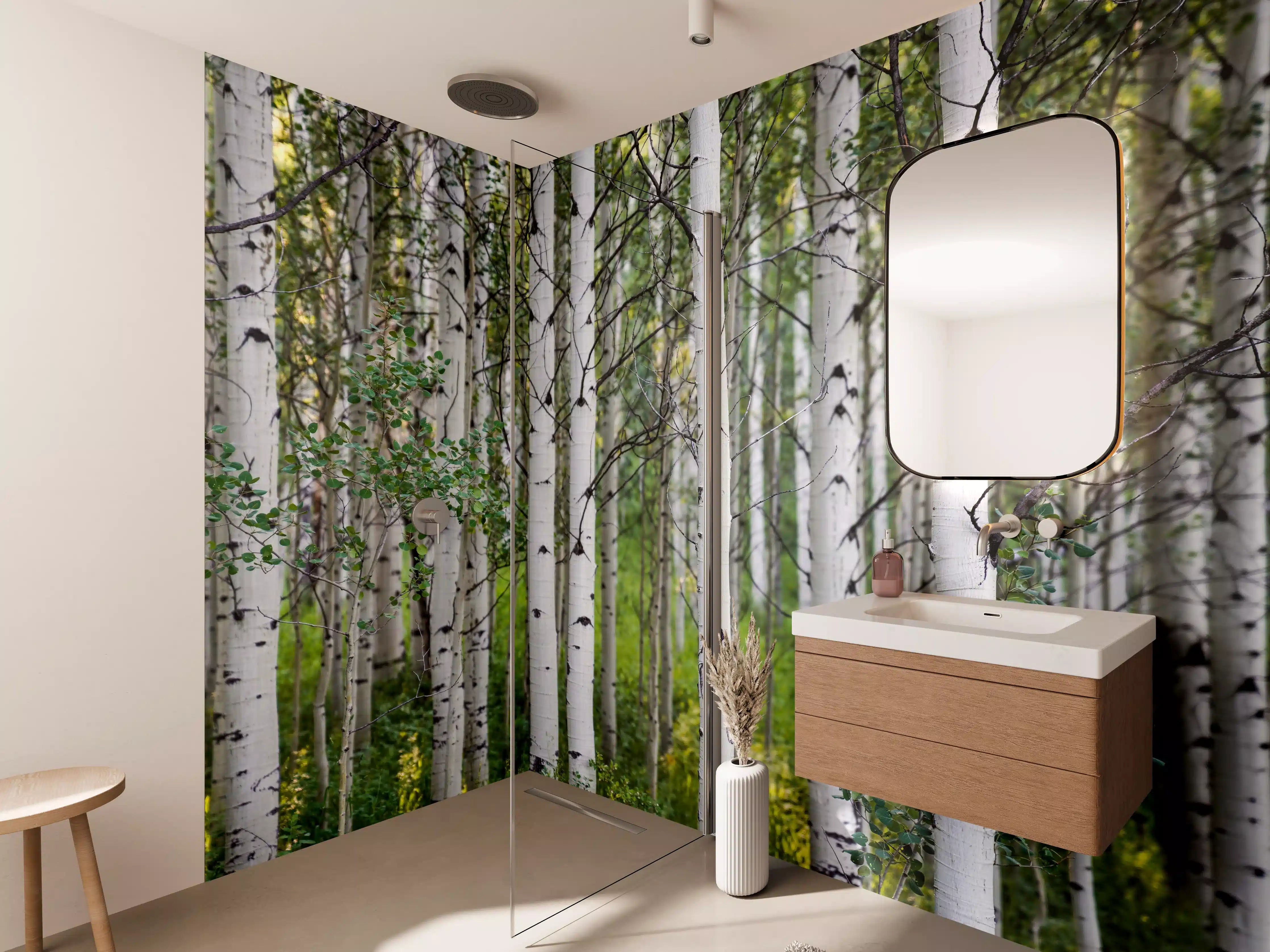 Wandverkleidung Bad - Elegante Birken im Wald