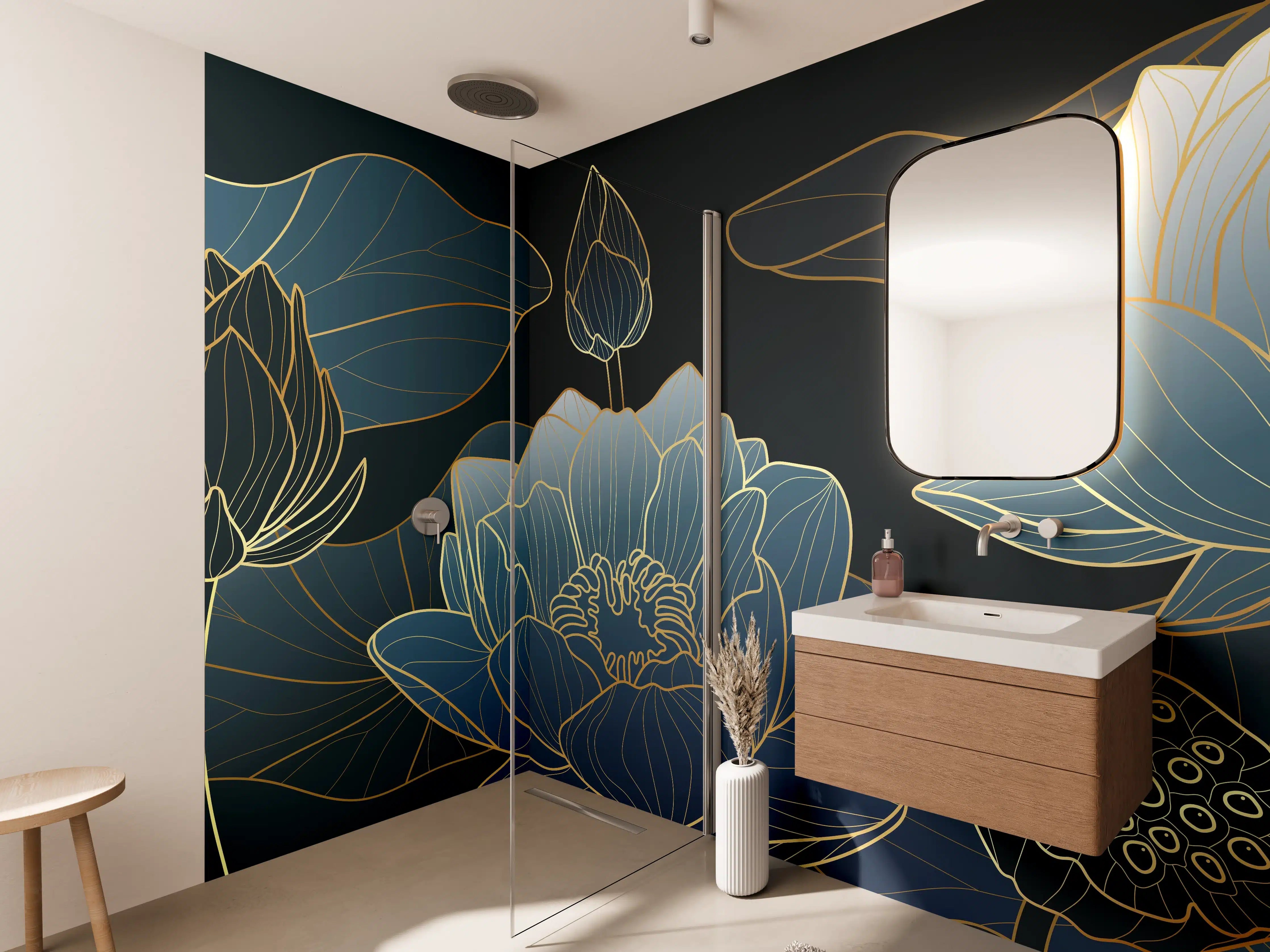 Wandverkleidung Bad - Elegante Blau-Weiße Blumenillustration