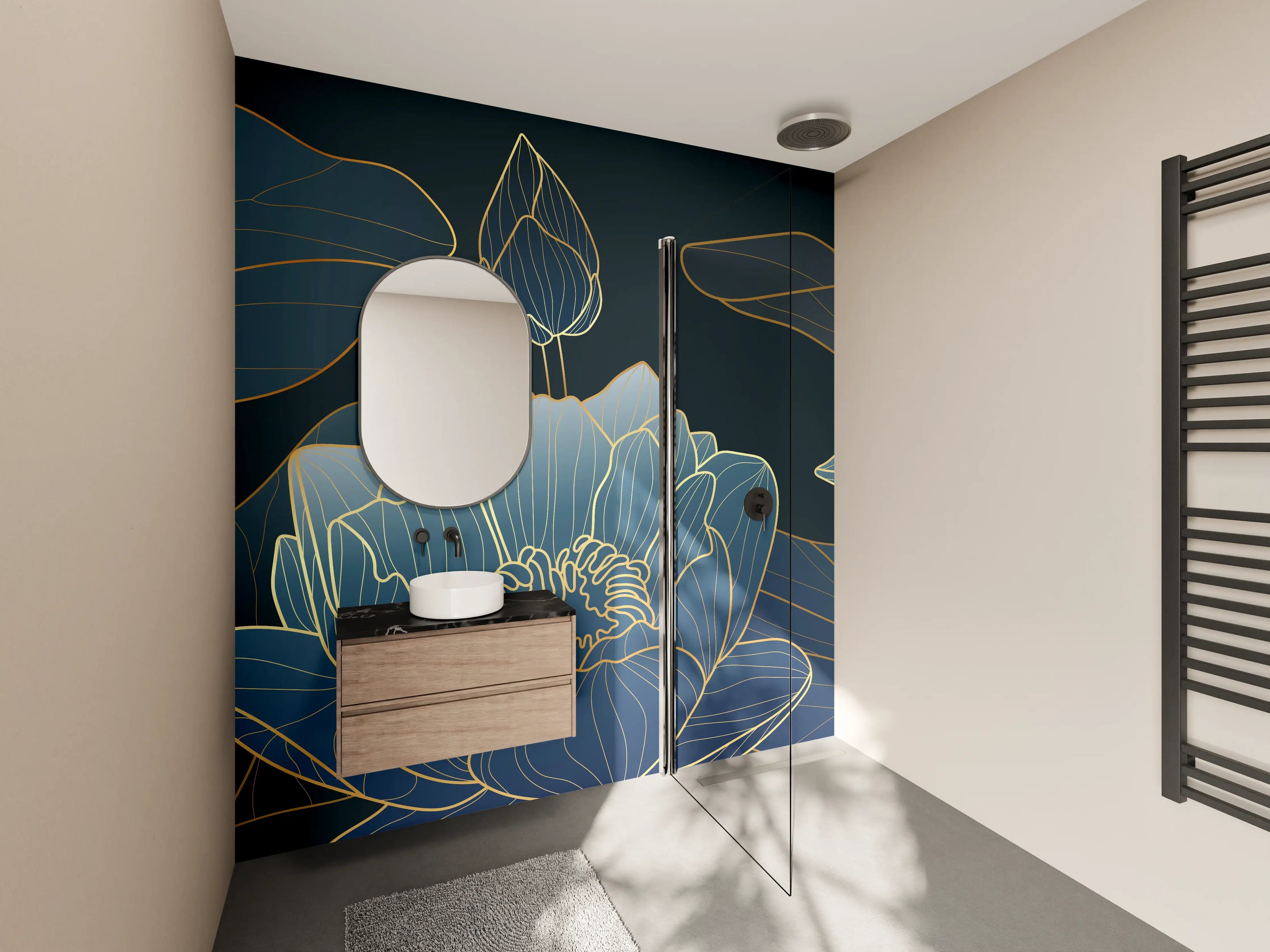Wandverkleidung Bad - Elegante Blau-Weiße Blumenillustration