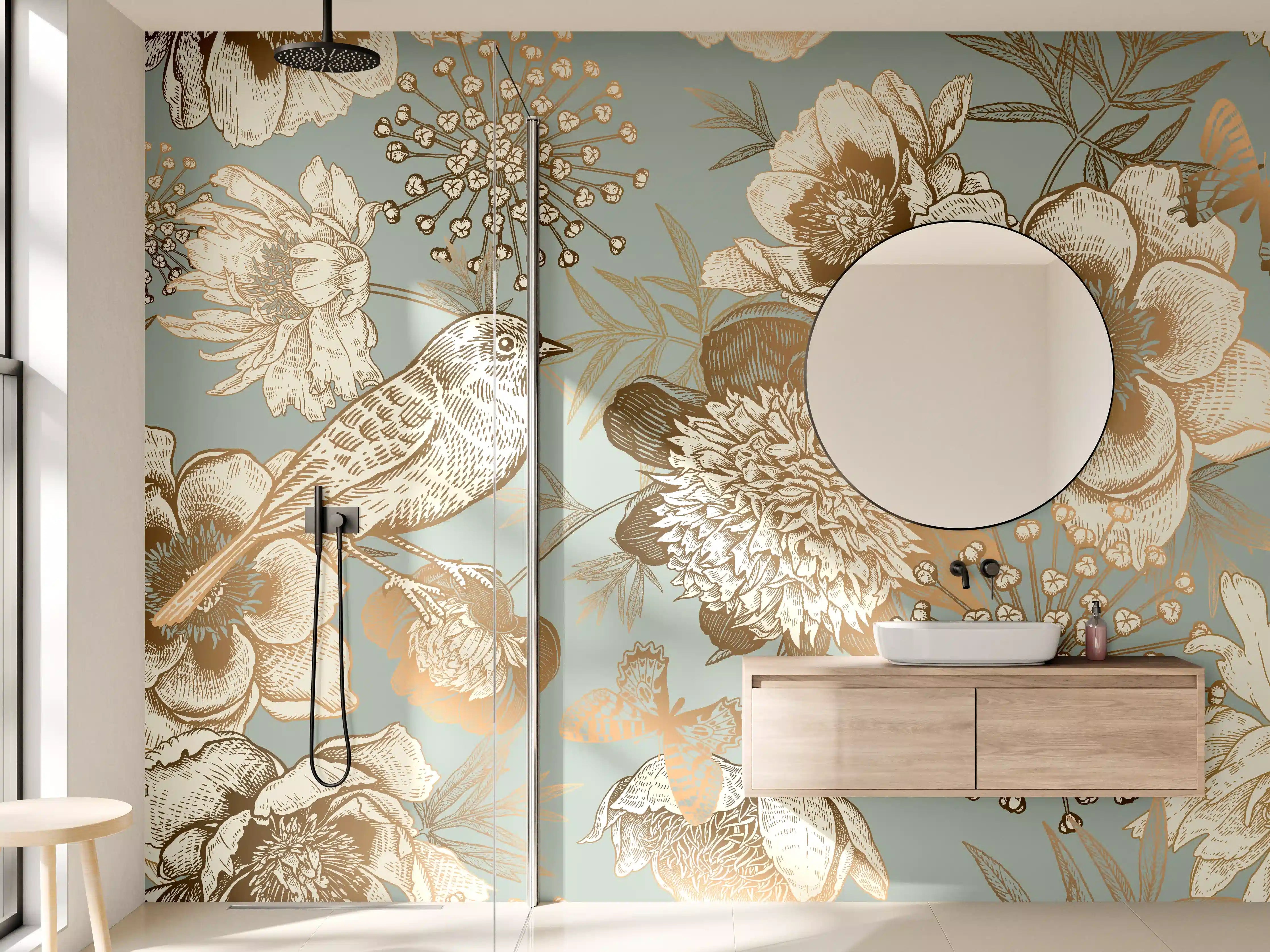 Wandverkleidung Bad - Elegante Blumen- und Vogel-Muster in Pastellfarben