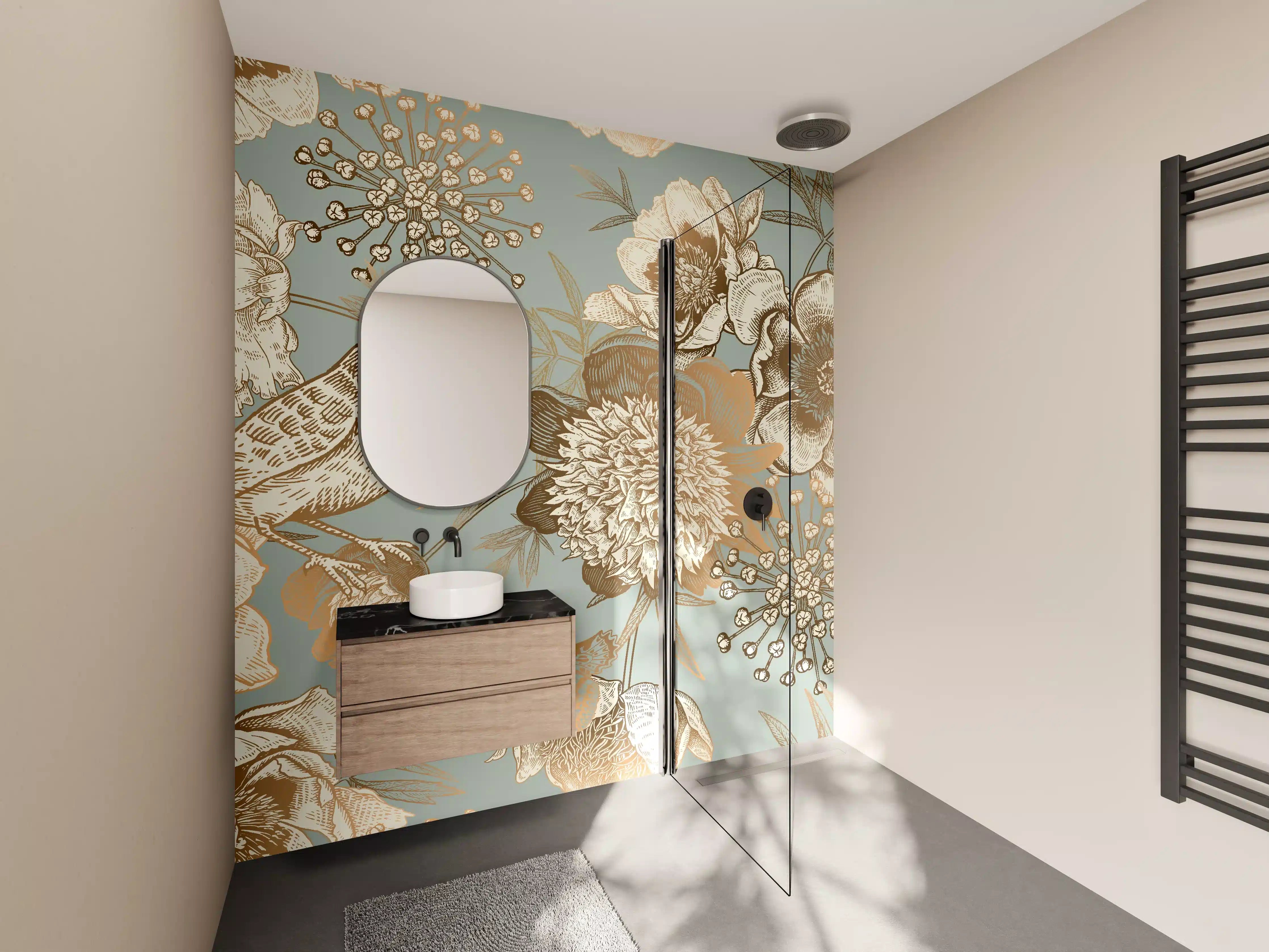 Wandverkleidung Bad - Elegante Blumen- und Vogel-Muster in Pastellfarben