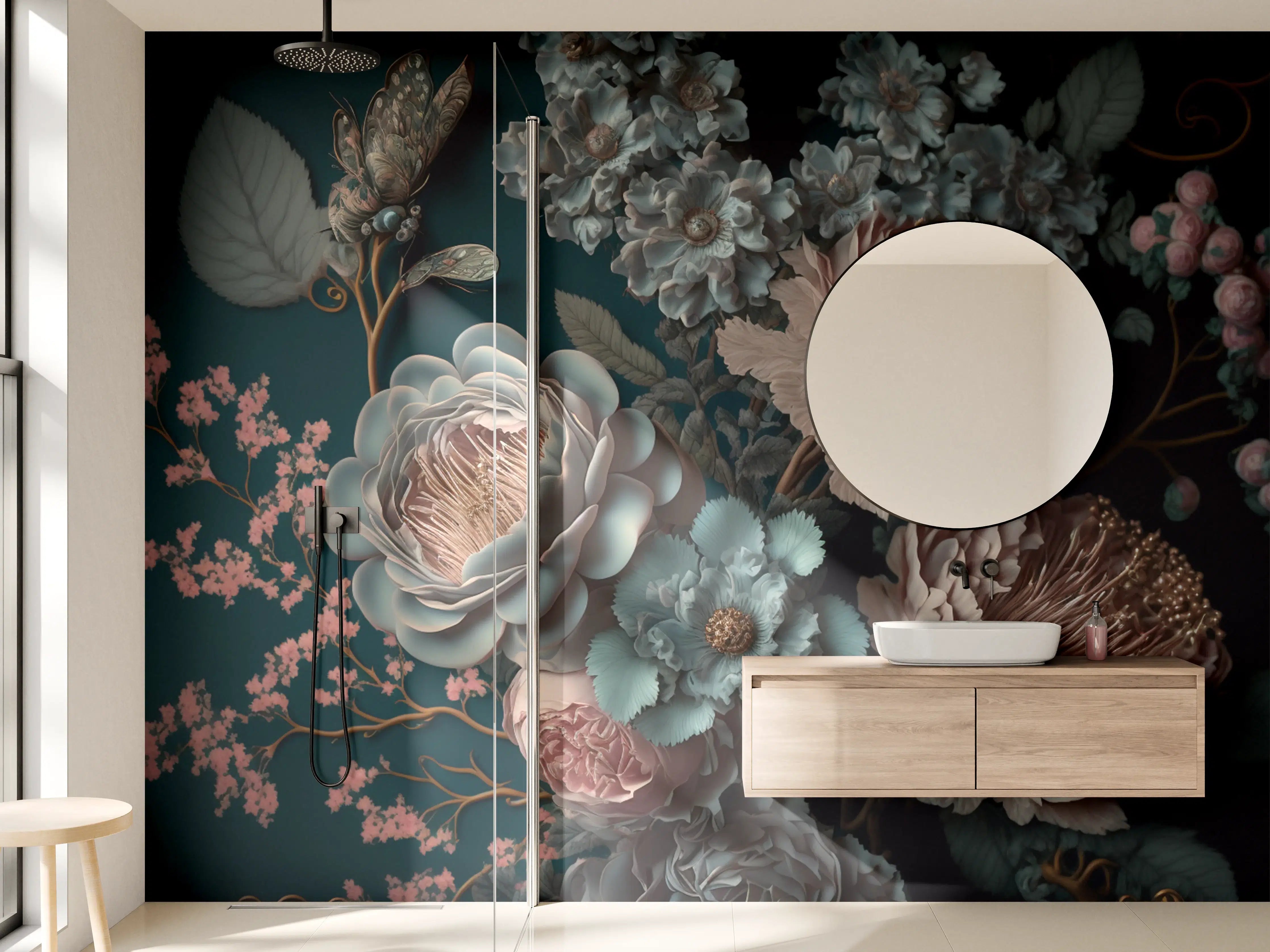 Wandverkleidung Bad - Elegante Blumenkomposition in Blau und Beigetönen