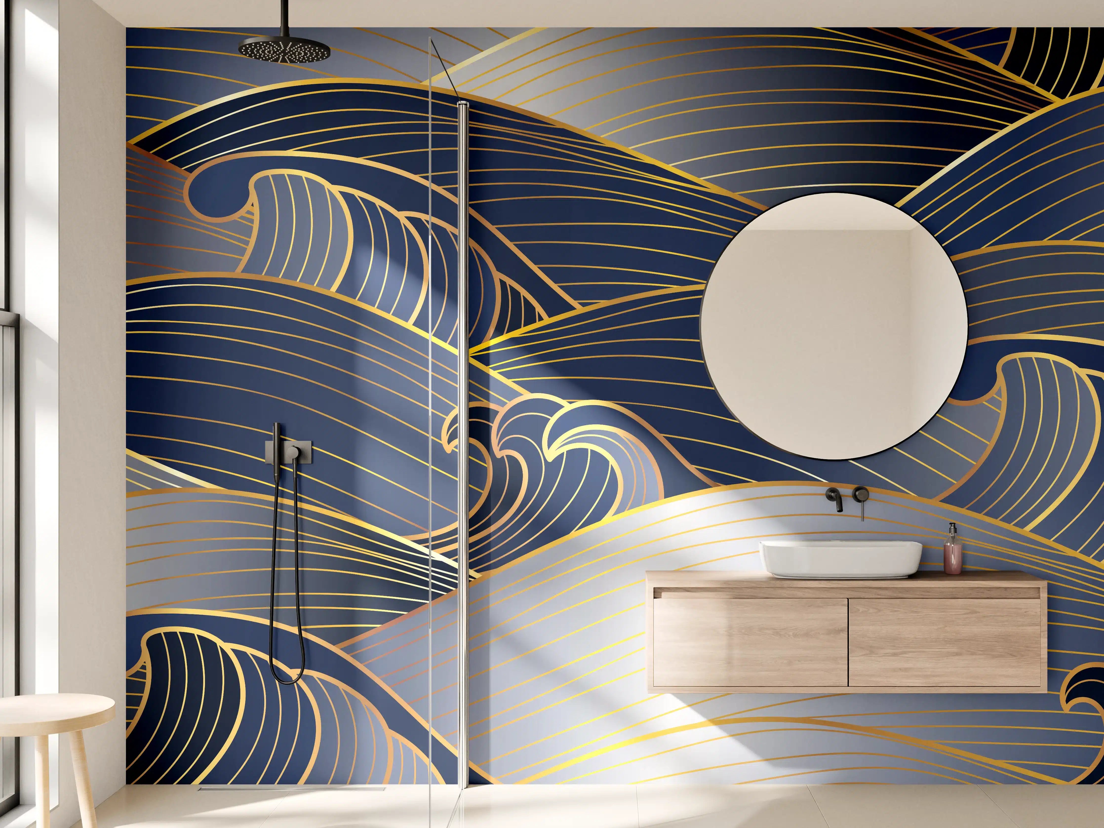 Wandverkleidung Bad - Elegante Gold-Blau Wellentextur